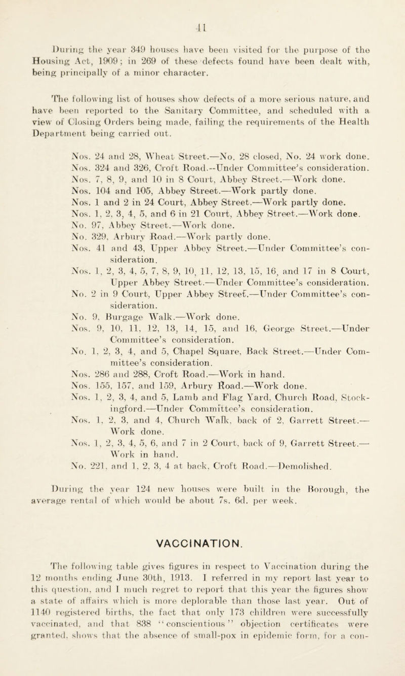 During the year 349 houses have been visited for the purpose of the Housing Act, 1909; in 269 of these defects found have been dealt with, being principally of a minor character. The following list of houses show defects of a more serious nature, and have been reported to the Sanitary Committee, and scheduled with a view of Closing Orders being made, failing the requirements of the Health Department being carried out. Nos. 24 and 28, Wheat Street.—No. 28 closed, No. 24 work done. Nos. 324 and 326, Croft Road.—Under Committee's consideration. Nos. 7, 8, 9, and 10 in 8 Court, Abbey Street.—Work done. Nos. 104 and 105, Abbey Street.—Work partly done. Nos. 1 and 2 in 24 Court, Abbey Street.—Work partly done. Nos. 1, 2, 3, 4, 5, and 6 in 21 Court, Abbey Street.—Work done. No. 97. Abbey Street.—Work done. No. 329, Arbury Road.—Work partly done. Nos. 41 and 43, Upper Abbey Street.—Under Committee’s con¬ sideration. Nos. 1, 2, 3, 4, 5, 7, 8, 9, 10. 11, 12, 13, 15, 16, and 17 in 8 Court, Upper Abbey .Street.—Under Committee’s consideration. No. 2 in 9 Court, Upper Abbey Street.—Under Committee’s con¬ sideration. No. 9, Burgage Walk.—Work done. Nos. 9, 10, 11, 12, 13, 14, 15, and 16, George Street.—Under Coinmittee’s consideration. No. 1. 2, 3, 4, and 5, Chapel Square, Back Street.—Under Com¬ mittee’s consideration. Nos. 286 and 288, Croft Road.—Work in hand. Nos. 155, 157, and 159, Arbury Road.—Work done. Nos. 1, 2, 3, 4, and 5, Lamb and Flag Yard, Church Road, Stock- ingford.—Under Committee’s consideration. Nos. 1, 2, 3, and 4, Church Walk, back of 2, Garrett Street.— Work done. Nos. 1, 2, 3, 4, 5, 6, and 7 in 2 Court, back of 9, Garrett Street.—• W ork in hand. No. 221, and 1, 2, 3, 4 at back, Croft Road.—Demolished. During the year 124 new houses were built in the Borough, the average rental of which would be about 7s. 6d. per week. VACCINATION. The following table gives figures in respect to Vaccination during the 12 months ending June 30th, 1913. I referred in my report last year to this question, and I much regret to report that this year the figures show a state of affairs which is more deplorable than those last year. Out of 1140 registered births, the fact that only 173 children were successfully vaccinated, and that 838 “conscientious” objection certificates were granted, shows that the absence of small-pox in epidemic form, for a con-