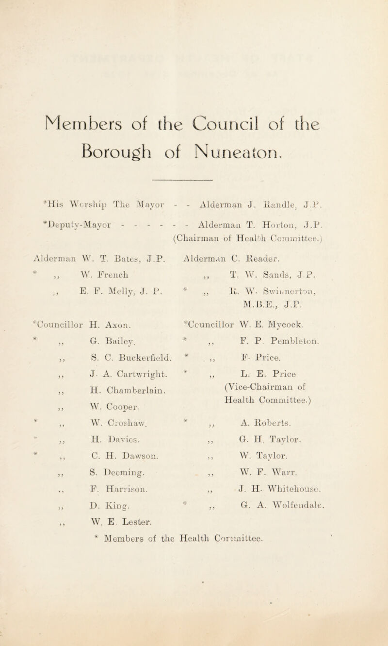 Me mbers of the Council of the Borough of Nuneaton, 'His Worship The Mayor - - Alderman J. Handle, J.P. ^Deputy-Mayor ------ Alderman T. Horton, J.P. (Chairman of Heabh Committee.) Alderman W. T. Bates, J.P. Alderman C. Reader. * y y W. French y y T. W. Sands, J.P. ; y E. F. Melly, J. P. yy R. W Swionerton, M.B.E., J.P. Counci llor H. Axon. ^Councillor W. E. Mycock. * ? 5 G. Bailey. % y y F. P. Pembleton. y y S. C. Buckerfield. y 3 F- Price. y y J. A. Cartwright. y y L. E. Price y y y y H. Chamberlain. W. Cooper. (Vice-Chairman of Health Committee.) * y y W. Croshaw. * y y A. Roberts. y y H. Davies. y y G. H. Taylor. y y C. H. Dawson. y y W. Taylor. y y S. Deeming. y y W. F. Warr. F. Harrison. y y J. H- Whitehouse. y y y y D. King. W. E, Lester. y y G. A. Wolfendale