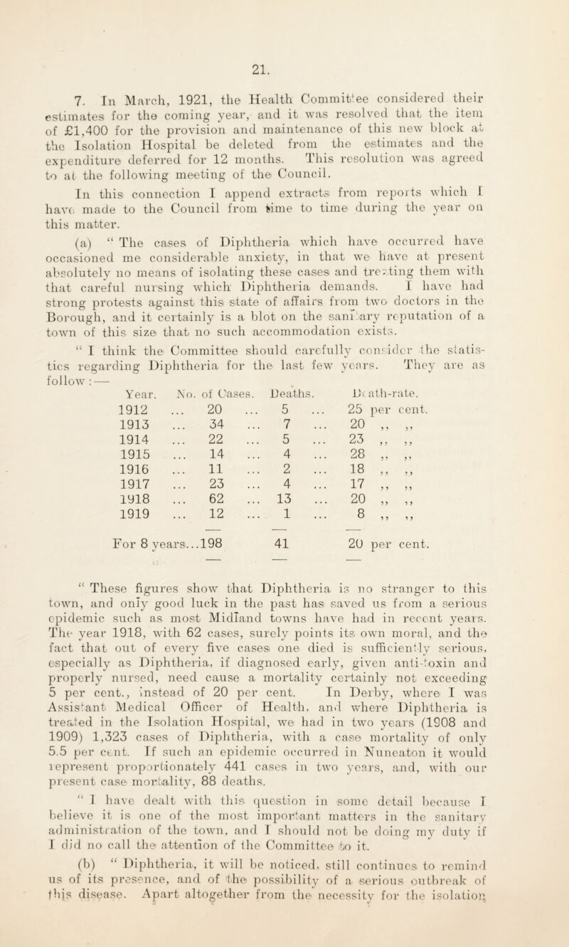 7. In March, 1921, the Health Committee considered their estimates for the coming year, and it was resolved that the item of £1,400 for the provision and maintenance of this new block at the Isolation Hospital be deleted from the estimates and the expenditure deferred for 12 months. This resolution was agreed to at the following meeting of the Council. In this connection I append extracts from repoits which I have made to the Council from time to time during the year on this matter. (a) “ The cases of Diphtheria which have occurred have occasioned me considerable anxiety, in that we have at present absolutely no means of isolating these cases and treating them with that careful nursing which Diphtheria demands. I have had strong protests against this state of affairs from two doctors in the Borough, and it certainly is a blot on the sanitary reputation of a town of this size that no such accommodation exists. “ I think the Committee should carefully consider the slatis- tics regarding Diphtheria for the- last few years. They are as Year. No. of Cases Deaths. Death-rate. 1912 20 .. 5 ... 25 per cent 1913 34 7 20 ' ,, „ 1914 22 5 9 y LjO 55 55 1915 14 4 28 „ „ 1916 11 2 18 ,, „ 1917 23 4 17 „ 1918 62 .. 13 20 „ „ 1919 12 1 8 ,, ,, For 8 years.. .198 41 2U per cent <£ These figures show that Diphtheria is no stranger to this town, and only good luck in the past has saved us from a serious epidemic such as most Midland towns have had in recent years. The year 1918, with 62 cases, surely points its own moral, and the fact that, out of every five cases one died is sufficiently serious, especially as Diphtheria, if diagnosed early, given anti-toxin and properly nursed, need cause a mortality certainly not exceeding 5 per cent., instead of 20 per cent. In Derby, where I was Assistant Medical Officer of Health, and where Diphtheria is treated in the Isolation Hospital, we had in two years (1908 and 1909) 1,323 cases of Diphtheria, with a case mortality of only 5.5 per cent. If such an epidemic occurred in Nuneaton it would lepresent proportionately 441 cases in two years, and, with our present case mortality, 88 deaths. I have dealt with this question in some detail because I believe it is one of the most important matters in the sanitary administration of the town, and I should not be doing my dutv if # •• O J J I did no call the attention of the Committee to it. (b) “ Diphtheria, it will be noticed, still continues to remind us of its presence, and of the possibility of a serious outbreak of this disease. Apart altogether from the necessity for the isolation