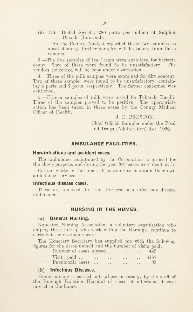 (9) D6. Boiled Sweets, 280 parts per million of Sulphur Dioxide (Informal). As the County Analyst regarded these two samples as unsatisfactory, further samples will be taken, from these vendors. 3. —The five samples of Ice Cream were examined for bacteria count. Two of these were found to be unsatisfactory. The vendors concerned will be kept under observation. 4. Three of the milk samples were examined for dirt content. Two of these samples were found to be unsatisfactory, contain¬ ing 4 parts and 7 parts, respectively. The farmer concerned was cautioned. 5. —Fifteen samples of milk were tested for Tubercle Bacilli. Three of the samples proved to be positive. The appropriate action has been taken in these cases by the County Medical Officer of Health. J. E. PRESTON, Chief Official Sampler under the Food and Drugs (Adulteration) Act, 1928. AMBULANCE FACILITIES. Non-infectious and accident cases. The ambulance maintained by the Corporation is utilised for the above purpose, and during the year 387 cases were dealt with. Certain works in the area still continue to maintain their own ambulance services. Infectious disease cases. These are removed by the Corporation’s infectious disease ambulance. NURSING IN THE HOMES. (a) General Nursing. Nuneaton Nursing Association, a voluntary organisation who employ three nurses who work within the Borough, continue to carry out their valuable work. The Honorary Secretary has supplied me with the following figures for the cases nursed and the number of visits paid. Number of cases nursed ... ... ... 449 Visits paid ... ... ... ... ... 8157 Pneumonia cases ... ... ... ... 33 (b) Infectious Diseases. Home nursing is carried out, where necessary, by the staff of the Borough Isolation Flospital of cases of infectious disease nursed in the home.