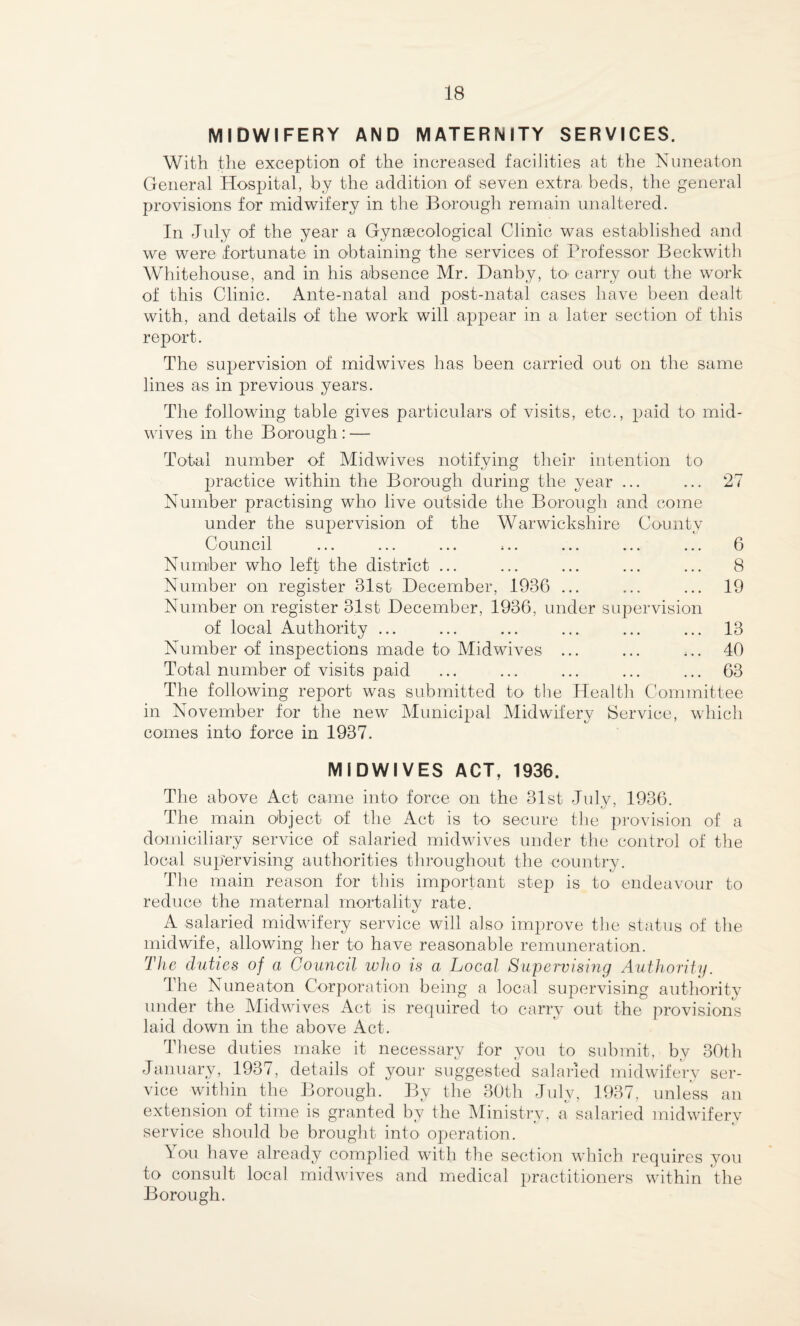 MIDWIFERY AND MATERNITY SERVICES. With the exception of the increased facilities at the Nuneaton General Hospital, by the addition of seven extra beds, the general provisions for midwifery in the Borough remain unaltered. In July of the year a Gynaecological Clinic was established and we were fortunate in obtaining the services of Professor Beckwith Whitehouse, and in his absence Mr. Danby, to- carry out the work of this Clinic. Ante-natal and post-natal cases have been dealt with, and details of the work will appear in a later section of this report. The supervision of midwives has been carried out on the same lines as in previous years. The following table gives particulars of visits, etc., paid to mid¬ wives in the Borough: — To-tal number of Midwives notifying their intention to practice within the Borough during the year ... ... 27 Number practising who live outside the Borough and come under the supervision of the Warwickshire County Council ... ... ... ,.. ... ... ... 6 Number who left the district ... ... ... ... ... 8 Number on register 31st December, 1936 ... ... ... 19 Number on register 31st December, 1936, under supervision of local Authority ... ... ... ... ... ... 13 Number of inspections made to Midwives ... ... ,.. 40 Total number of visits paid ... ... ... ... ... 63 The following report was submitted to the Health Committee in November for the new Municipal Midwifery Service, which comes into force in 1937. MIDWIVES ACT, 1936. The above Act came into force on the 31st July, 1936. d 1 The main object of the Act is to secure the provision of a domiciliary service of salaried midwives under the control of the local supervising authorities throughout the country. The main reason for this important step is to endeavour to reduce the maternal mortality rate. A salaried midwifery service will also improve the status of the midwife, allowing her to have reasonable remuneration. The duties of a Council who is a Local Supeiwising Authority. The Nuneaton Corporation being a local supervising authority under the Midwives Act is required to carry out the provisions laid down in the above Act. These duties make it necessary for you to submit, by 30th January, 1937, details of your suggested salaried midwifery ser¬ vice within the Borough. By the 30th July, 1937, unless an extension of time is granted by the Ministry, a salaried midwifery service should be brought into operation. You have already complied with the section which requires you to consult local midwives and medical practitioners within the Borough.