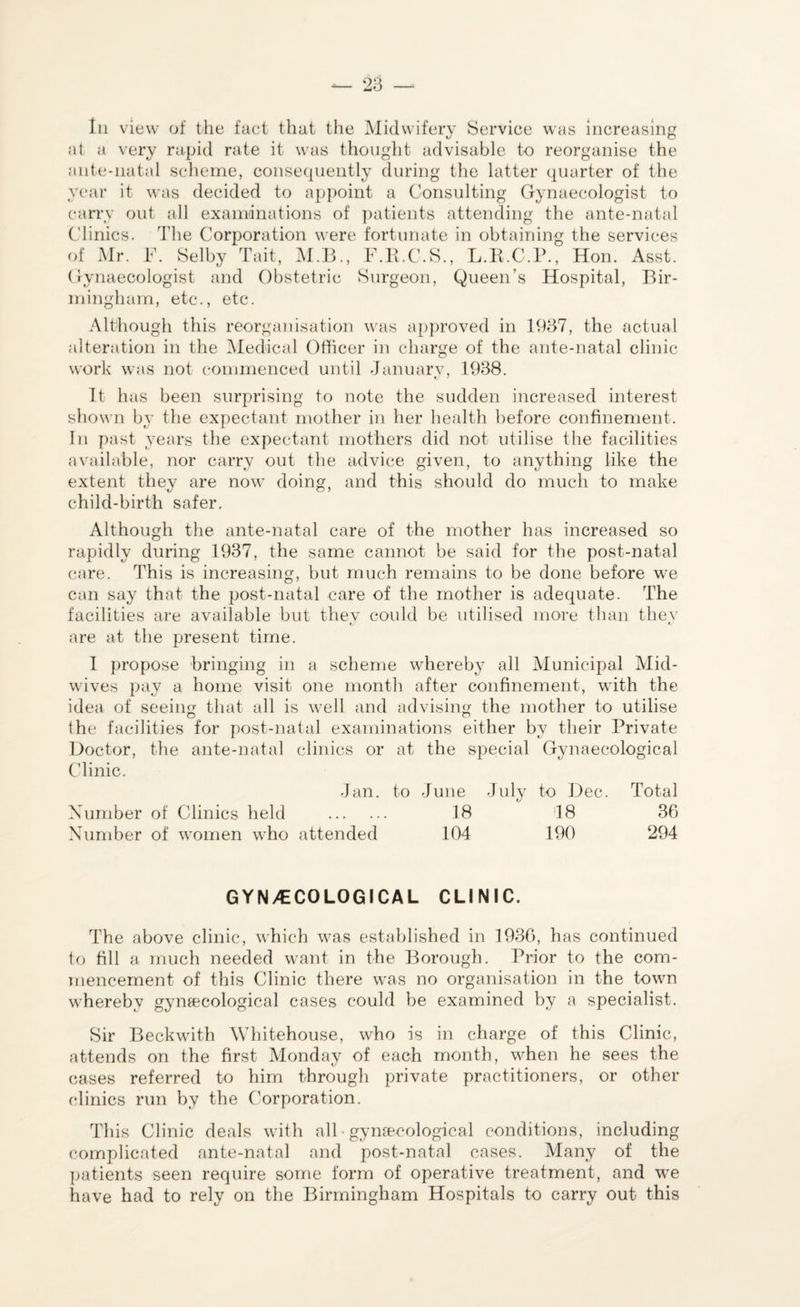 In view of the fact that the Midwifery Service was increasing at a very rapid rate it was thought advisable to reorganise the ante-natal scheme, consequently during the latter quarter of the year it was decided to appoint a Consulting Gynaecologist to carry out all examinations of patients attending the ante-natal Clinics. The Corporation were fortunate in obtaining the services of Mr. F. Selby Tait, M.B., F.R.C.S., L.K.C.P., Hon. Asst. Gynaecologist and Obstetric Surgeon, Queen’s Hospital, Bir¬ mingham, etc., etc. Although this reorganisation was approved in 1937, the actual alteration in the Medical Officer in charge of the ante-natal clinic work was not commenced until January, 1938. It has been surprising to note the sudden increased interest shown by the expectant mother in her health before confinement. In past years the expectant mothers did not utilise the facilities available, nor carry out the advice given, to anything like the extent they are now doing, and this should do much to make child-birth safer. Although the ante-natal care of the mother has increased so rapidly during 1937, the same cannot be said for the post-natal care. This is increasing, but much remains to be done before we can say that the post-natal care of the mother is adequate. The facilities are available but they could be utilised more than thev are at the present time. I propose bringing in a scheme whereby all Municipal Mid¬ wives pay a home visit one month after confinement, with the idea of seeing that all is well and advising the mother to utilise the facilities for post-natal examinations either by their Private Doctor, the ante-natal clinics or at the special Gynaecological Clinic. Jan. to June July to Dec. Total Number of Clinics held . 18 18 36 Number of women who attended 104 190 294 GYNAECOLOGICAL CLINIC. The above clinic, which was established in 1936, has continued to fill a much needed want in the Borough. Prior to the com¬ mencement of this Clinic there was no organisation in the town whereby gynaecological cases could be examined by a specialist. Sir Beckwith Whitehouse, who is in charge of this Clinic, attends on the first Monday of each month, when he sees the cases referred to him through private practitioners, or other clinics run by the Corporation. This Clinic deals with all • gynaecological conditions, including complicated ante-natal and post-natal cases. Many of the patients seen require some form of operative treatment, and we have had to rely on the Birmingham Hospitals to carry out this