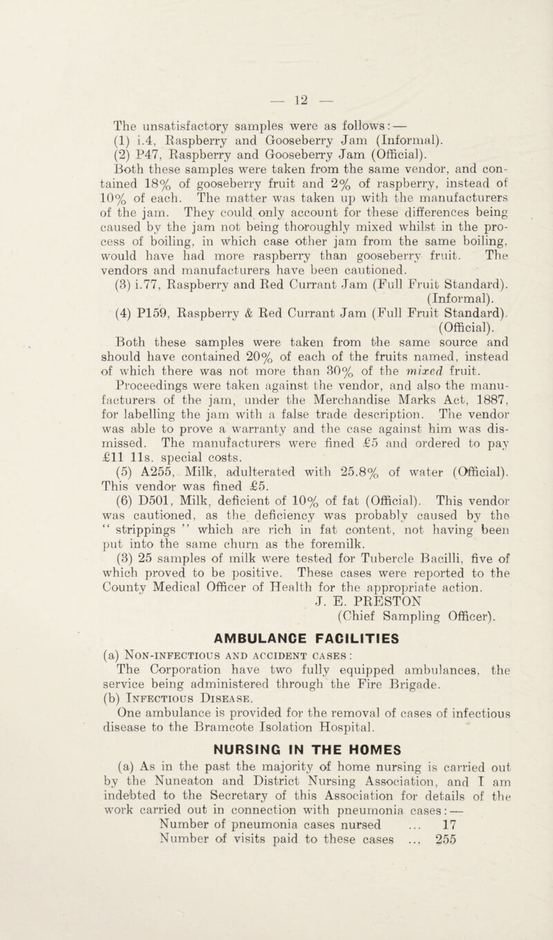 The unsatisfactory samples were as follows: — (1) i.4, Raspberry and Gooseberry Jam (Informal). (2) P47, Raspberry and Gooseberry Jam (Official). Both these samples were taken from the same vendor, and con¬ tained 18% of gooseberry fruit and 2% of raspberry, instead of 10% of each. The matter was taken up with the manufacturers of the jam. They could only account for these differences being caused by the jam not being thoroughly mixed whilst in the pro¬ cess of boiling, in which case other jam from the same boiling, would have had more raspberry than gooseberry fruit. The vendors and manufacturers have been cautioned. (3) i.77, Raspberry and Red Currant Jam (Full Fruit Standard). (Informal). (4) PI59, Raspberry & Red Currant Jam (Full Fruit Standard). (Official). ' Both these samples were taken from the same source and should have contained 20% of each of the fruits named, instead of which there was not more than 30% of the mixed fruit. Proceedings were taken against the vendor, and also the manu¬ facturers of the jam, under the Merchandise Marks Act, 1887, for labelling the jam with a false trade description. The vendor was able to prove a warranty and the case against him was dis¬ missed. The manufacturers were fined £5 and ordered to pay £11 11s. special costs. (5) A255, Milk, adulterated with 25.8% of water (Official). This vendor was fined £5. (6) D501, Milk, deficient of 10% of fat (Official). This vendor was cautioned, as the deficiency was probably caused by the strippings ” which are rich in fat content, not having been put into the same churn as the foremilk. (3) 25 samples of milk were tested for Tubercle Bacilli, five of which proved to be positive. These cases were reported to the County Medical Officer of Health for the appropriate action. J. E. PRESTON (Chief Sampling Officer). AMBULANCE FACILITIES (a) Non-infectious and accident cases: The Corporation have two fully equipped ambulances, the service being administered through the Fire Brigade. (b) Infectious Disease. One ambulance is provided for the removal of cases of infectious disease to the Bramcote Isolation Hospital. NURSING IN THE HOMES (a) As in the past the majority of home nursing is carried out by the Nuneaton and District Nursing Association, and I am indebted to the Secretary of this Association for details of the work carried out in connection with pneumonia cases: — Number of pneumonia cases nursed ... 17 Number of visits paid to these cases ... 255