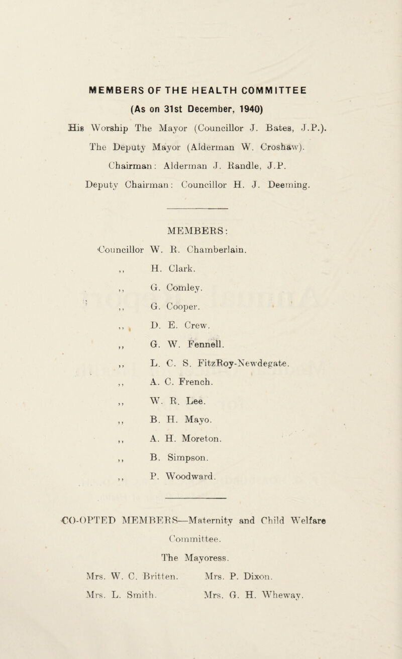 MEMBERS OF THE HEALTH COMMITTEE (As on 31st December, 1940) His Warship The Mayor (Councillor J. Bates, J.P.). The Deputy Mayor (Alderman W. Croshaw). Chairman: Alderman J. Randle, J.P. Deputy Chairman: Councillor H. J. Deeming. MEMBERS: •Councillor W. R. Chamberlain. ,, H. Clark. ,, G. Comley. ,, G. Cooper. ,, D. E. Crew. ,, G. W. Fennell. ,, L. C. S. FitzRoy-Newdegate. ,, A. C. French. ,, W. R. Lee. ,, B. H. Mayo. ,, A. H. More ton. ,, B. Simpson. ,, P. Woodward. CO-OPTED MEMBERS—Maternity and Child Welfare Committee. The Mayoress. Mrs. W. C. Britten. Mrs. L. Smith. Mrs. P. Dixon. Mrs. G. H. Whewav.