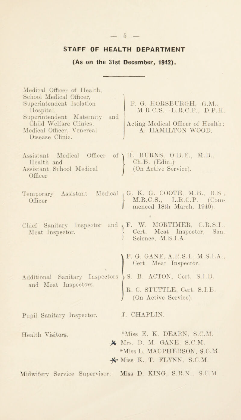 STAFF OF HEALTH DEPARTMENT (As on the 31st December, 1942). Medical Officer of Health, School Medical Officer, Superintendent Isolation Hospital, Superintendent Maternity and Ghild Welfare Clinics, Medical Officer, Venereal Disease Clinic. P. G. HOliiSBURGH, G.M., M.R.C.S., L.R.C.P., D.P.H Acting Medical Officer of Health A. HAMILTON WOOD. Assistant Medical Officer of Health and Assistant School Medical Officer H. BURNS, O.B.E., M.B., Ch.B. (Edin.) (On Active Service). Temporary Assistant Officer Medical , G. K. G. COOTE, M.B., B.S. M.R.C.S., L.R.C.P. (Com menced 18th March. 1940). Chief Sanitary Inspector and Meat Inspector. F. W. MORTIMER, C.R.S.I. Cert. Meat Inspector, San Science, M.S.I.A. Additional Sanitary Inspectors and Meat Inspectors Pupil Sanitary Inspector. \ F. G. GANE, A.R.S.I., M.S.I.A. Cert. Meat Inspector. ► S. B. ACTON, Cert. S.I.B. R. C. STUTTLE, Cert. S.I.B. (On Active Service). J. CHAPLIN. Health Visitors. *Miss E. K. DEARN, S.C.M. X Mrs. D. M. GANE, S.C.M. *Miss L. MACPHERSON, S.C.M -Jfc- Miss K. T. FLYNN. S.C.M. Midwifery Service Supervisor: Miss D. KING, S.R.N., S.C.M