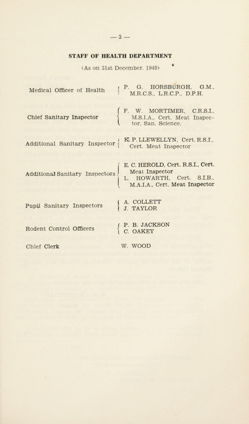 STAFF OF HEALTH DEPARTMENT (As on 31st December. 1949) Medical Officer of Health j Chief Sanitary Inspector Additional Sanitary Inspector j Additional Sanitary Inspectors. Pupil Sanitary Inspectors Rodent Control Officers P. G. HORSBURGH, G.M., M.R.C.S., L.R.C.P., D.P.H. F. W. MORTIMER, C.R.S.I., M.S.I.A., Cert. Meat Inspec¬ tor, San. Science. H. P. LLEWELLYN, Cert. R.S.I., Cert. Meat Inspector E. C. HEROLD, Cert. R.S.I., Cert. Meat Inspector L. HOWARTH, Cert, S.I.B., M.A.I.A., Cert. Meat Inspector A. COLLETT J. TAYLOR P. B. JACKSON C. OAKEY Chief Clerk W. WOOD