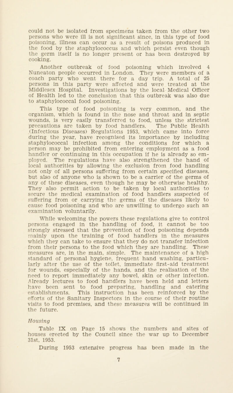 could not be isolated from specimens taken from the other two persons who were ill is not significant since, in this type of food poisoning, illness can occur as a result of poisons produced in the food by the staphylococcus and which persist even though the germ itself is no longer present or has been destroyed by cooking. Another outbreak of food poisoning which involved 4 Nuneaton people occurred in London. They were members of a coach party who went there for a day trip. A total of 25 persons in this party were affected and were treated at the Middlesex Hospital. Investigations by the local Medical Officer of Health led to the conclusion that this outbreak was also due to staphylococcal food poisoning. This type of food poisoning is very common, and the organism, which is found in the nose and throat and in septic wounds, is very easily transferred to food, unless the strictest precautions are taken by food handlers. The Public Health (Infectious Diseases) Regulations 1953, which came into force during the year, have recognised its importance by including staphylococcal infection among the conditions for which a person may be prohibited from entering employment as a food handler or continuing in this occupation if he is already so em¬ ployed. The regulations have also strengthened the hand of local authorities by allowing the exclusion from food handling not only of all persons suffering from certain specified diseases, but also of anyone who is shown to be a carrier of the germs of any of these diseases, even though he may be otherwise healthy. They also permit action to be taken by local authorities to secure the medical examination of food handlers suspected of suffering from or carrying the germs of the diseases likely to cause food poisoning and who are unwilling to undergo such an examination voluntarily. While welcoming the powers these regulations give to control persons engaged in the handling of food, it cannot be too strongly stressed that the prevention of food poisoning depends mainly upon the training of food handlers in the measures which they can take to ensure that they do not transfer infection from their persons to the food which they are handling. These measures are, in the main, simple. The maintenance of a high standard of personal hygiene, frequent hand washing, particu¬ larly after the use of the toilet, immediate first-aid treatment for wounds, especially of the hands, and the realisation of the need to report immediately any bowel, skin or other infection. Already lectures to food handlers have been held and letters have been sent to food preparing, handling and catering establishments. This instruction has been reinforced by the efforts of the Sanitary Inspectors in the course of their routine visits to food premises, and these measures will be continued in the future. Housing Table IX on Page 15 shows the numbers and sites of houses erected by the Council since the war up to December 31st, 1953. During 1953 extensive progress has been made in the