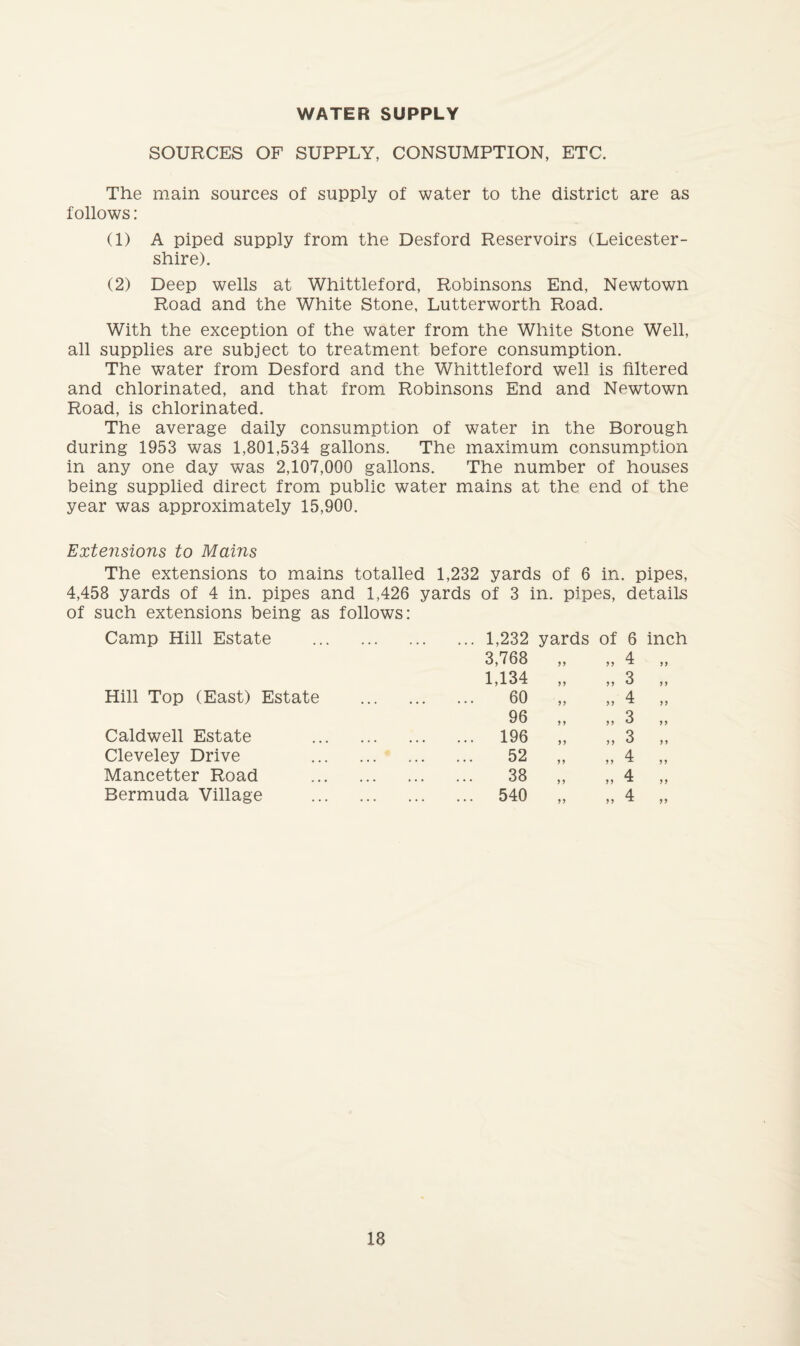 WATER SUPPLY SOURCES OF SUPPLY, CONSUMPTION, ETC. The main sources of supply of water to the district are as follows: (1) A piped supply from the Desford Reservoirs (Leicester¬ shire). (2) Deep wells at Whittleford, Robinsons End, Newtown Road and the White Stone, Lutterworth Road. With the exception of the water from the White Stone Well, all supplies are subject to treatment before consumption. The w^ater from Desford and the Whittleford well is filtered and chlorinated, and that from Robinsons End and Newtown Road, is chlorinated. The average daily consumption of water in the Borough during 1953 was 1,801,534 gallons. The maximum consumption in any one day was 2,107,000 gallons. The number of houses being supplied direct from public water mains at the end of the year was approximately 15,900. Exterisions to Mains The extensions to mains totalled 1,232 yards of 6 in. pipes, 4,458 yards of 4 in. pipes and 1,426 yards of 3 in. pipes, details of such extensions being as follows: Camp Hill Estate . 1,232 yards of 6 inch 3,768 1,134 Hill Top (East) Estate . 60 96 Caldwell Estate . 196 Cleveley Drive 52 Mancetter Road . 38 Bermuda Village . 540