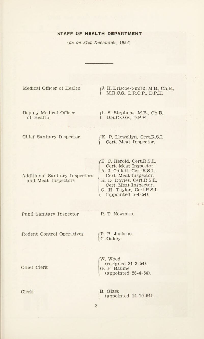STAFF OF HEALTH DEPARTMENT (as on 31st December, 1954) Medical Officer of Health Deputy Medical Officer of Health Chief Sanitary Inspector Additional Sanitary Inspectors and Meat Inspectors Pupil Sanitary Inspector Rodent Control Operatives Chief Clerk Clerk jJ. H. Briscoe-Smith, M.B., Ch.B., { M.R.C.S., L.R.C.P., D.P.H. /L. S. Stephens, M.B., Ch.B., \ D.R.C.O.G., D.P.H. / K. P. Llewellyn, Cert.R.S.I., ) Cert. Meat Inspector. <E. C. Herold, Cert.R.S.I., Cert. Meat Inspector. A. J. Collett, Cert.R.S.I., Cert. Meat Inspector. R. D. Davies, Cert.R.S.I., Cert. Meat Inspector. G. H. Taylor, Cert.R.S.I. < (appointed 5-4-54). R, T. Newman. fP. B. Jackson. \C. Oakey. (W. Wood (resigned 31-3-54). G. F. Baume { (appointed 26-4-54). |B. Glass ( (appointed 14-10-54).