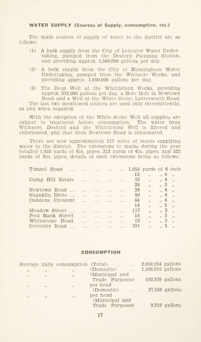 WATER SUPPLY (Sources of Supply, consumption, etc.) The main sources of supply of water to the district are as follows: (1) A bulk supply from the City of Leicester Water Under¬ taking, pumped from the Desford Pumping Station, and providing approx. 1,580,000 gallons per day. (2) A bulk supply from the City of Birmingham Water Undertaking, pumped from the Whitacre Works, and providing approx. 1,000,000 gallons per day. (3) The Deep Well at the Whittleford Works, providing approx. 313,000 gallons per day, a Bore Hole In Newtown Road and a Well at the White Stone, Lutterworth Road. The last two mentioned sources are used only intermittently, as and when required. With the exception of the White Stone Well all supplies are subject to treatment before consumption. The water from Whitacre, Desford and the Whittleford Well is filtered and chlorinated, and that from Newtown Road is chlorinated. There are now approximately 117 miles of mains supplying water to the district. The extensions to mains during the year totalled 1,655 yards of 6in. pipes, 213 yards of 4in. pipes, and 522 yards of 3in. pipes, details of such extensions being as follows: Tunnel Road . 1,655 yards of 6 inch 13 ,, ,, 4 „ Camp Hill Estate • •• ••• 52 ,, ,, 4 „ 28 ,, ,, 3 „ Newtown Road. ••• ••• ••• 24 „ „ 4 „ Shanklin Drive. ••• ••• ••• 80 4 „ Oakdene Crescent ••• ••• ••• 44 „ „ 4 „ 16 3 „ Meadow Street. ••• ••• ••• 117 „ „ 3 „ Pool Bank Street ••• ••• ••• 18 3 „ Whitestone Road ••• ••• 12 „ 3 „ Coventry Road. ••• ••• ••• 251 >, ,, 3 „ CONSUMPTION Average daily consumption (Total) . 2,059,254 gallons yy yy m (Domestic) 1,538.915 gallons yy yy yy (Municipal and Trade Purposes) 520,339 gallons y9 yy yy per head (Domestic) 27,559 gallons yy yy yy per head (Municipal and Trade Purposes) 9,319 gallons