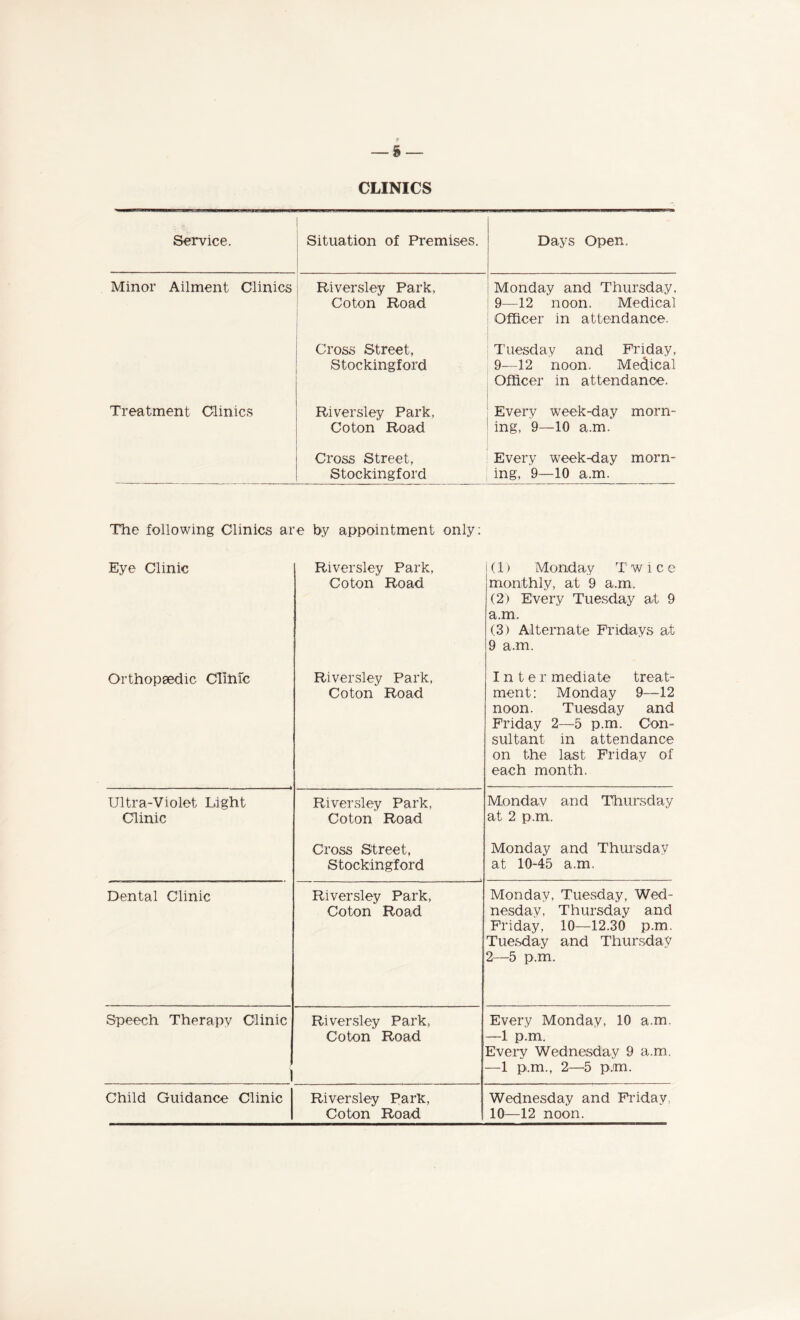 s CLINICS Service. Situation of Premises. Days Open. Minor Ailment Clinics Riversley Park, Coton Road Monday and Thursday, 9—12 noon. Medical Officer in attendance. Cross Street, Stockingford Tuesday and Friday, 9—12 noon. Medical Officer in attendance. Treatment Clinics River sley Park, Coton Road Every week-day morn¬ ing, 9—10 a.m. Cross Street, Stockingford Every week-day morn¬ ing, 9—10 a.m. The following Clinics are by appointment only: Eye Clinic Riversley Park, Co ton Road (1) Monday Twice monthly, at 9 a.m. (2) Every Tuesday at 9 a.m. (3) Alternate Fridiays at 9 a.m. Orthopaedic Clinic Riversley Park, Co ton Road Inter mediate treat¬ ment: Monday 9—12 noon. Tuesday and Friday 2—5 p.m. Con¬ sultant in attendance on the last Friday of each month. Ultra-Violet Light Clinic Riversley Park, Coton Road Monday and Thursday at 2 p.m. Cross Street, Stockingford Monday and Thursday at 10-45 a.m. Dental Clinic Riversley Park, Co ton Road Monday, Tuesday, Wed¬ nesday, Thursday and Friday, 10—12.30 p.m. Tuesday and Thursday 2—5 p.m. Speech Therapy Clinic 1 Riversley Park, Coton Road Every Monday, 10 am. —1 p.m. Every Wednesday 9 a.m. —1 p.m., 2—5 p.m. Child Guidance Clinic Riversley Park, Coton Road Wednesday and Friday, 10—12 noon.
