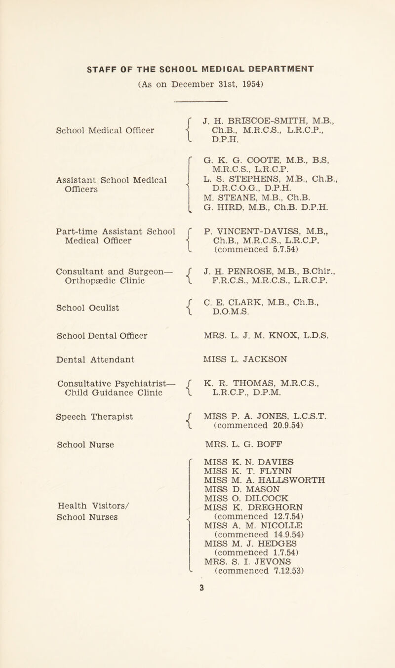 STAFF OF THE SCHOOL MEDICAL DEPARTMENT (As on December 31st, 1954) f School Medical Officer / Assistant School Medical Officers Part-time Assistant School f Medical Officer / l Consultant and Surgeon— / Orthopaedic Clinic l School Oculist School Dental Officer Dental Attendant J. H. BRXSCOE-SMITH, M.B., Ch.B., M.R.C.S., L.R.C.P., D.P.H. G. K. G. COOTE, M.B., B.S, M.R.C.S., L.R.C.P. L. S. STEPHENS, M.B., Ch.B., D.R.C.O.G., D.P.H. M. STEANE, M.B., Ch.B. G. HIRD, M.B., Ch.B. D.P.H. P. VINCENT-DAVISS, M.B., Ch.B., M.R.C.S., L.R.C.P. (commenced 5.7.54) J. H. PENROSE, M.B., B.Chir., F.R.C.S., M.R.C.S., L.R.C.P. C. E. CLARK, M.B., Ch.B., D.O.M.S. MRS. L. J. M. KNOX, L.D.S. MISS L. JACKSON Consultative Psychiatrist— Child Guidance Clinic Speech Therapist School Nurse Health Visitors/ School Nurses K. R. THOMAS, M.R.C.S., L.R.C.P., D.P.M. MISS P. A. JONES, L.C.S.T. (commenced 20.9.54) MRS. L. G. BOFF MISS K. N. DAVIES MISS K. T. FLYNN MISS M. A. HALLSWORTH MISS D. MASON MISS O. DILCOCK MISS K. DREGHORN (commenced 12.7.54) MISS A. M. NICOLLE (commenced 14.9.54) MISS M. J. HEDGES (commenced 1.7.54) MRS. S. I. JEVONS (commenced 7.12.53)