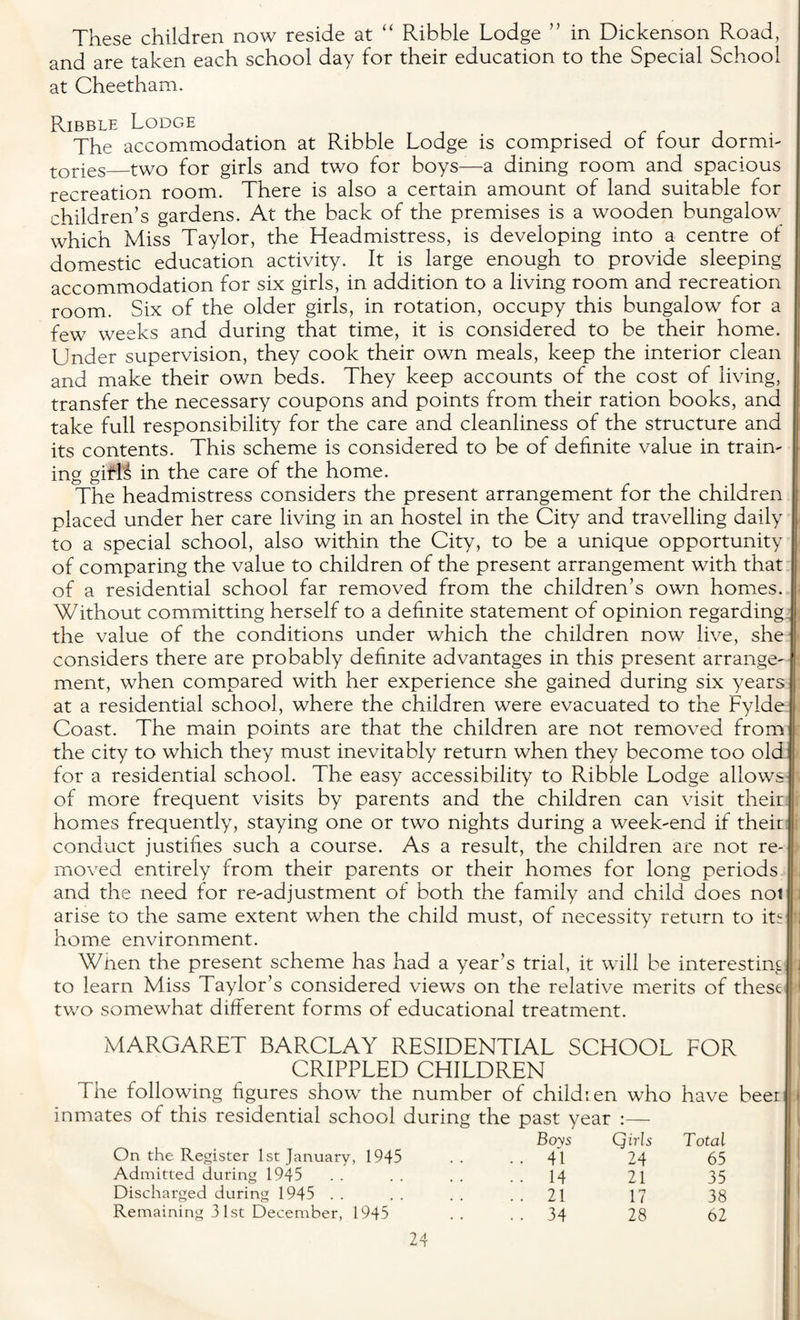 These children now reside at “ Ribble Lodge ” in Dickenson Road, and are taken each school day for their education to the Special School at Cheetham. Ribble Lodge The accommodation at Ribble Lodge is comprised of four dormi¬ tories_two for girls and two for boys—a dining room and spacious recreation room. There is also a certain amount of land suitable for children’s gardens. At the back of the premises is a wooden bungalow which Miss Taylor, the Headmistress, is developing into a centre of domestic education activity. It is large enough to provide sleeping accommodation for six girls, in addition to a living room and recreation room. Six of the older girls, in rotation, occupy this bungalow for a few weeks and during that time, it is considered to be their home. Under supervision, they cook their own meals, keep the interior clean and make their own beds. They keep accounts of the cost of living, transfer the necessary coupons and points from their ration books, and take full responsibility for the care and cleanliness of the structure and its contents. This scheme is considered to be of definite value in train- ing girls in the care of the home. The headmistress considers the present arrangement for the children placed under her care living in an hostel in the City and travelling daily to a special school, also within the City, to be a unique opportunity of comparing the value to children of the present arrangement with that of a residential school far removed from the children’s own homes. Without committing herself to a definite statement of opinion regarding the value of the conditions under which the children now live, she considers there are probably definite advantages in this present arrange¬ ment, when compared with her experience she gained during six years at a residential school, where the children were evacuated to the Fylde Coast. The main points are that the children are not removed from the city to which they must inevitably return when they become too old for a residential school. The easy accessibility to Ribble Lodge allows I of more frequent visits by parents and the children can visit their homes frequently, staying one or two nights during a week-end if their: ; conduct justifies such a course. As a result, the children are not re¬ moved entirely from their parents or their homes for long periods and the need for re-adjustment of both the family and child does noi arise to the same extent when the child must, of necessity return to its f; home environment. When the present scheme has had a year’s trial, it will be interesting j to learn Miss Taylor’s considered views on the relative merits of these I two somewhat different forms of educational treatment. MARGARET BARCLAY RESIDENTIAL SCHOOL FOR CRIPPLED CHILDREN The following figures show the number of children who have beer inmates of this residential school during the past year :— On the Register 1st January, 1945 Admitted during 1945 Discharged during 1945 Remaining 31st December, 1945 : past year :— Boys Qirls Total .. 41 24 65 .. 14 21 35 .. 21 17 38 .. 34 28 62