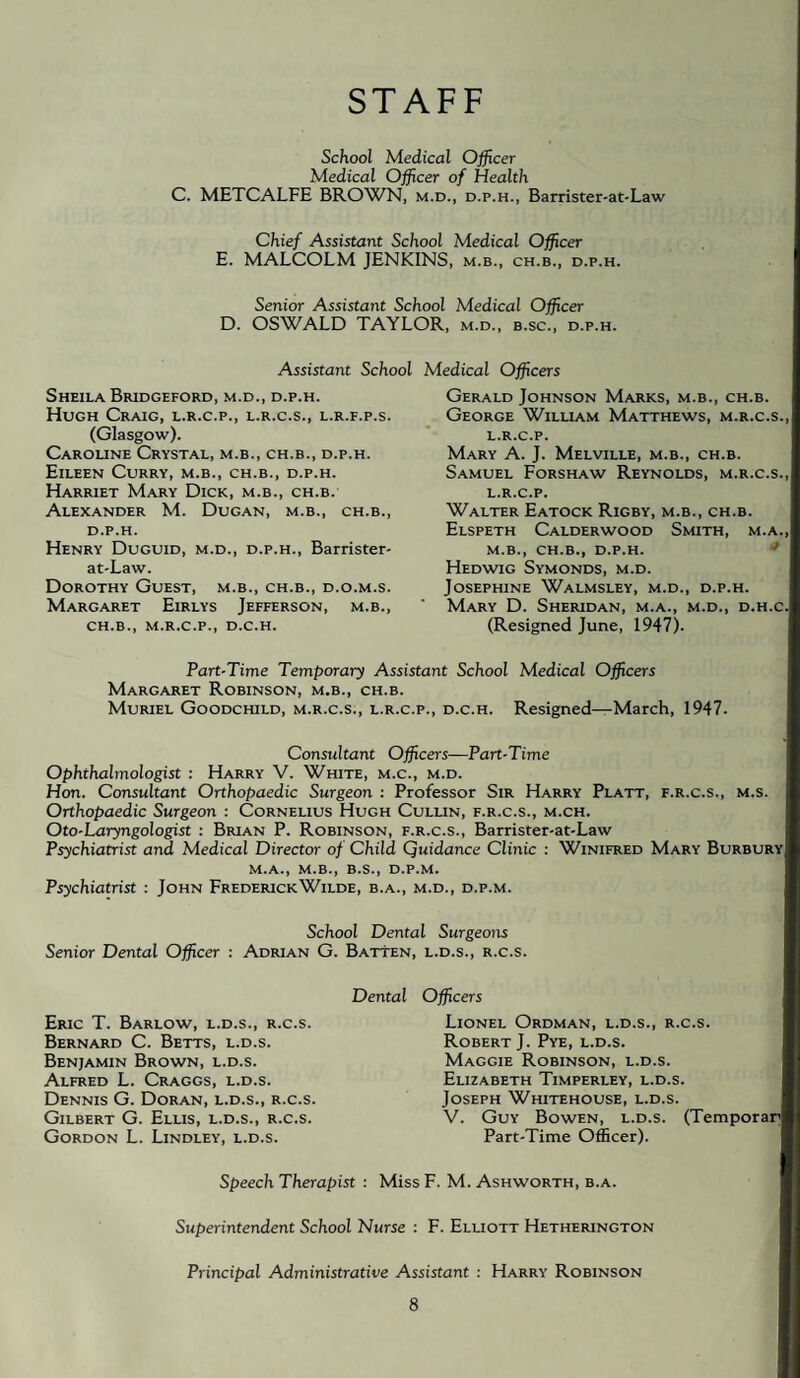 STAFF School Medical Officer Medical Officer of Health C. METCALFE BROWN, m.d., d.p.h., Barrister-at-Law Chief Assistant School Medical Officer E. MALCOLM JENKINS, m.b., ch.b., d.p.h. Senior Assistant School Medical Officer D. OSWALD TAYLOR, m.d., b.sc., d.p.h. Assistant School Medical Officers Sheila Bridgeford, m.d., d.p.h. Hugh Craig, l.r.c.p., l.r.c.s., l.r.f.p.s. (Glasgow). Caroune Crystal, m.b., ch.b., d.p.h. Eileen Curry, m.b., ch.b., d.p.h. Harriet Mary Dick, m.b., ch.b. Alexander M. Dugan, m.b., ch.b., D.P.H. Henry Duguid, m.d., d.p.h., Barrister- at-Law. Dorothy Guest, m.b., ch.b., d.o.m.s. Margaret Eirlys Jefferson, m.b., CH.B., M.R.C.P., D.C.H. Gerald Johnson Marks, m.b., ch.b. George William Matthews, m.r.c.s. L.R.C.P. Mary A. J. Melville, m.b., ch.b. Samuel Forshaw Reynolds, m.r.c.s.; L. R.C.P. Walter Eatock Rigby, m.b., ch.b. Elspeth Calderwood Smith, m.a.. M. B., ch.b., d.p.h. * Hedwig Symonds, m.d. Josephine Walmsley, m.d., d.p.h. Mary D. Sheridan, m.a., m.d., d.h.c. (Resigned June, 1947). Part-Time Temporary Assistant School Medical Officers Margaret Robinson, m.b., ch.b. Muriel Goodchild, m.r.c.s., l.r.c.p., d.c.h. Resigned—March, 1947. Consultant Officers—Part-Time Ophthalmologist : Harry V. White, m.c., m.d. Hon. Consultant Orthopaedic Surgeon : Professor Sir Harry Platt, f.r.c.s., m.s. Orthopaedic Surgeon : Cornelius Hugh Culun, f.r.c.s., m.ch. Oto-Laryngologist : Brian P. Robinson, f.r.c.s., Barrister-at-Law Psychiatrist and Medical Director of Child Quidance Clinic : Winifred Mary Burbury M.A., M.B., B.S., D.P.M. Psychiatrist : John Frederick Wilde, b.a., m.d., d.p.m. School Dental Surgeons Senior Dental Officer : Adrian G. Batten, l.d.s., r.c.s. Dental Eric T. Barlow, l.d.s., r.c.s. Bernard C. Betts, l.d.s. Benjamin Brown, l.d.s. Alfred L. Craggs, l.d.s. Dennis G. Doran, l.d.s., r.c.s. Gilbert G. Ellis, l.d.s., r.c.s. Gordon L. Lindley, l.d.s. Officers Lionel Ordman, l.d.s., r.c.s. Robert J. Pye, l.d.s. Maggie Robinson, l.d.s. Elizabeth Timperley, l.d.s. Joseph Whitehouse, l.d.s. V. Guy Bowen, l.d.s. (Temporar Part-Time Officer). Speech Therapist : Miss F. M. Ashworth, b.a. Superintendent School Nurse ; F. Elliott Hetherington Principal Administrative Assistant : Harry Robinson