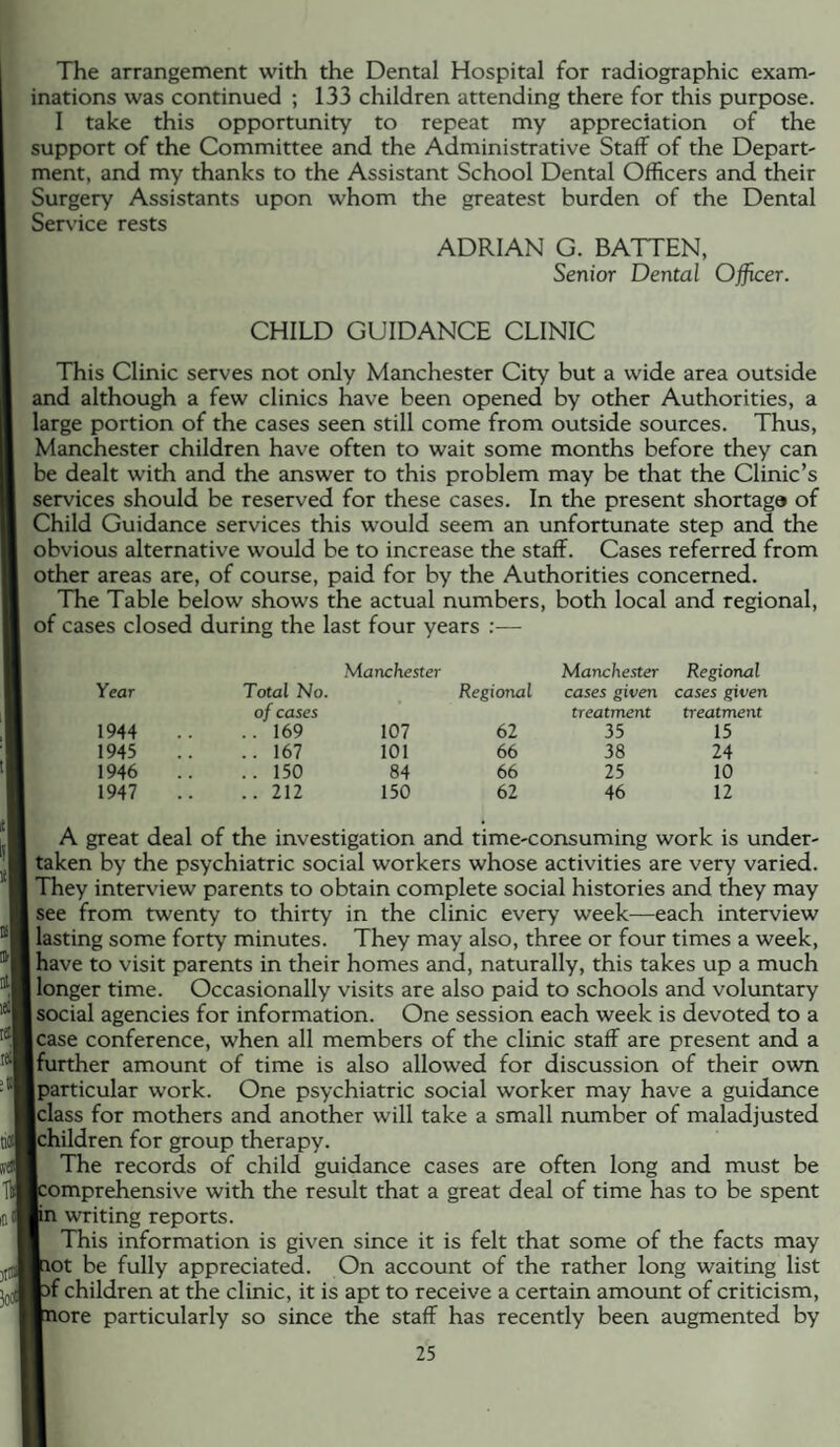 The arrangement with the Dental Hospital for radiographic exam¬ inations was continued ; 133 children attending there for this purpose. I take this opportunity to repeat my appreciation of the support of the Committee and the Administrative Staff of the Depart¬ ment, and my thanks to the Assistant School Dental Officers and their Surgery Assistants upon whom the greatest burden of the Dental Service rests ADRIAN G. BATTEN, Senior Dental Officer. CHILD GUIDANCE CLINIC This Clinic serves not only Manchester City but a wide area outside and although a few clinics have been opened by other Authorities, a large portion of the cases seen still come from outside sources. Thus, Manchester children have often to wait some months before they can be dealt with and the answer to this problem may be that the Clinic’s services should be reserved for these cases. In the present shortage of Child Guidance services this would seem an unfortunate step and the obvious alternative would be to increase the staff. Cases referred from other areas are, of course, paid for by the Authorities concerned. The Table below shows the actual numbers, both local and regional, of cases closed during the last four years :— Year Total No. of cases Manchester Regional Manchester cases given treatment Regional cases given treatment 1944 .. 169 107 62 35 15 1945 .. 167 101 66 38 24 1946 .. 150 84 66 25 10 1947 .. 212 150 62 46 12 A great deal of the investigation and time-consuming work is under¬ taken by the psychiatric social workers whose activities are very varied. They interview parents to obtain complete social histories and they may see from twenty to thirty in the clinic every week—each interview lasting some forty' minutes. They may also, three or four times a week, have to visit parents in their homes and, naturally, this takes up a much longer time. Occasionally visits are also paid to schools and voluntary social agencies for information. One session each week is devoted to a [Case conference, when all members of the clinic staff are present and a further amount of time is also allowed for discussion of their own particular work. One psychiatric social worker may have a guidance class for mothers and another will take a small number of maladjusted Ichildren for group therapy. I The records of child guidance cases are often long and must be Icomprehensive with the result that a great deal of time has to be spent jin writing reports. I This information is given since it is felt that some of the facts may laot be fully appreciated. On account of the rather long waiting list bf children at the clinic, it is apt to receive a certain amount of criticism, Inore particularly so since the staff has recently been augmented by
