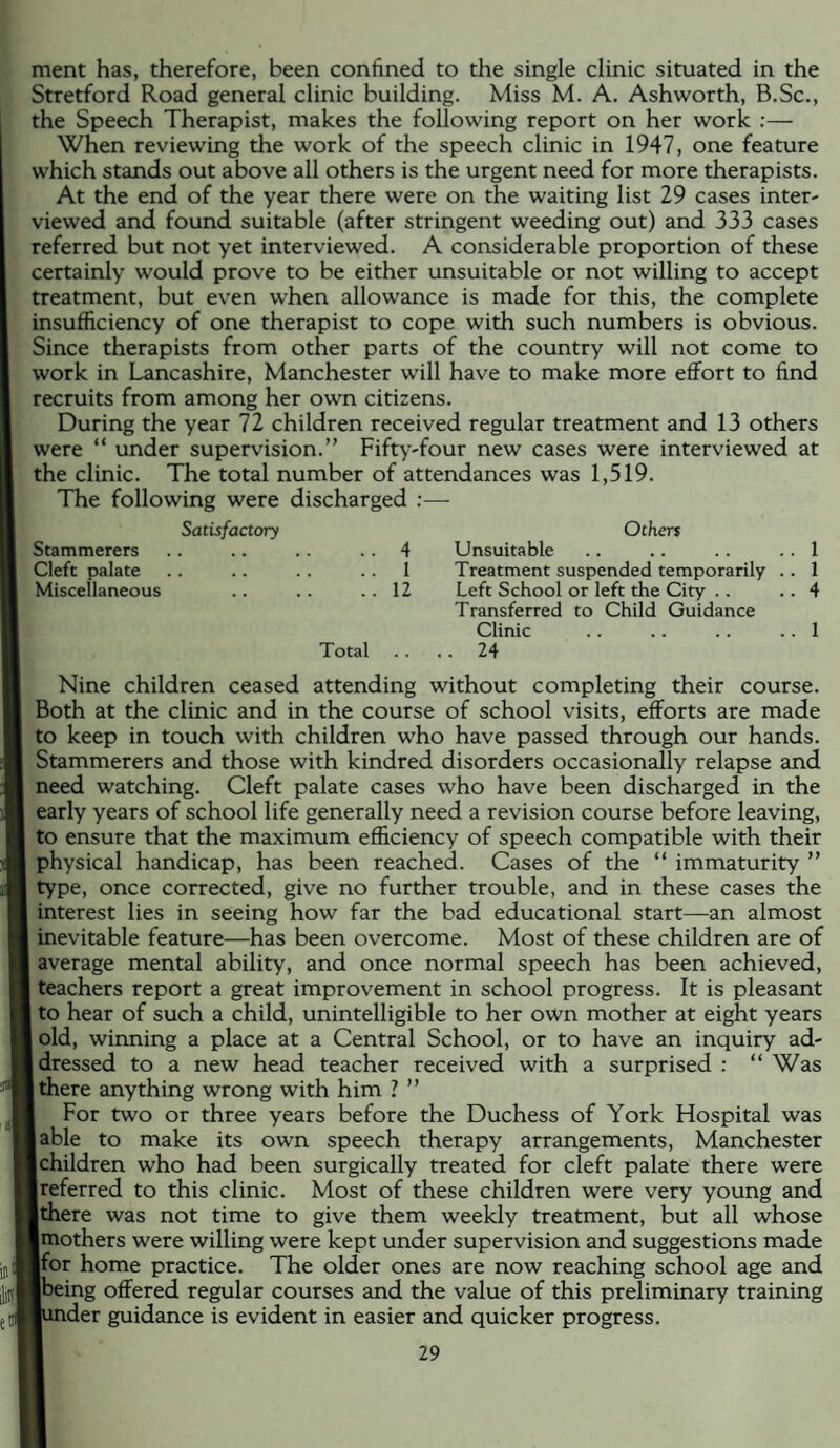 ment has, therefore, been confined to the single clinic situated in the Stretford Road general clinic building. Miss M. A. Ashworth, B.Sc., the Speech Therapist, makes the following report on her work :— When reviewing the work of the speech clinic in 1947, one feature which stands out above all others is the urgent need for more therapists. At the end of the year there were on the waiting list 29 cases inter¬ viewed and found suitable (after stringent weeding out) and 333 cases referred but not yet interviewed. A considerable proportion of these certainly would prove to be either unsuitable or not willing to accept treatment, but even when allowance is made for this, the complete insufficiency of one therapist to cope with such numbers is obvious. Since therapists from other parts of the country will not come to work in Lancashire, Manchester will have to make more effort to find recruits from among her own citizens. During the year 72 children received regular treatment and 13 others were “ under supervision.” Fifty-four new cases were interviewed at the clinic. The total number of attendances was 1,519. The following were discharged : :— Satisfactory Others Stammerers ..4 Unsuitable . 1 Cleft palate .. 1 Treatment suspended temporarily . . 1 Miscellaneous .. 12 Left School or left the City . . Transferred to Child Guidance . 4 Clinic . 1 Total .. 24 Nine children ceased attending without completing their course. Both at the clinic and in the course of school visits, efforts are made to keep in touch with children who have passed through our hands. Stammerers and those with kindred disorders occasionally relapse and need watching. Cleft palate cases who have been discharged in the early years of school life generally need a revision course before leaving, to ensure that the maximum efficiency of speech compatible with their physical handicap, has been reached. Cases of the “ immaturity ” type, once corrected, give no further trouble, and in these cases the interest lies in seeing how far the bad educational start—an almost inevitable feature—has been overcome. Most of these children are of average mental ability, and once normal speech has been achieved, teachers report a great improvement in school progress. It is pleasant to hear of such a child, unintelligible to her own mother at eight years old, winning a place at a Central School, or to have an inquiry ad¬ dressed to a new head teacher received with a surprised : “Was there anything wrong with him ? ” For two or three years before the Duchess of York Flospital was able to make its own speech therapy arrangements, Manchester [children who had been surgically treated for cleft palate there were [referred to this clinic. Most of these children were very young and Ithere was not time to give them weekly treatment, but all whose Imothers were willing were kept under supervision and suggestions made Ifor home practice. The older ones are now reaching school age and Ibeing offered regular courses and the value of this preliminary training ■under guidance is evident in easier and quicker progress.