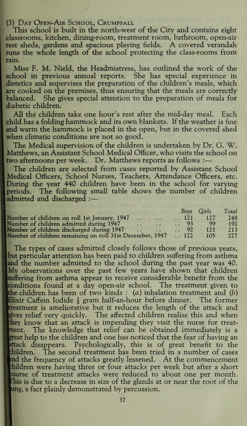 (3) Day Open-Air School, Crumpsall TTiis school is built in the north-west of the City and contains eight classrooms, kitchen, dining-room, treatment room, bathroom, open-air rest sheds, gardens and spacious playing fields. A covered verandah runs the whole length of the school protecting the class-rooms from rain. Miss F. M. Nield, the Headmistress, has outlined the work of the school in previous annual reports. She has special experience in dietetics and supervises the preparation of the children’s meals, which are cooked on the premises, thus ensuring that the meals are correctly balanced. She gives special attention to the preparation of meals for diabetic children. All the children take one hour’s rest after the mid-day meal. Each child has a folding hammock and its own blankets. If the weather is fine and warm the hammock is placed in the open, but in the covered shed when climatic conditions are not so good. The Medical supervision of the children is undertaken by Dr. G. W. Matthews, an Assistant School Medical Officer, who visits the school on two afternoons per week. Dr. Matthews reports as follows ;— The children are selected from cases reported by Assistant School Medical Officers, School Nurses, Teachers, Attendance Officers, etc. During the year 440 children have been in the school for varying [periods. The following small table shows the number of children admitted and discharged :— [Number of children on roll 1st January, 1947 [Number of children admitted during 1947 [Number of children discharged during 1947 [Number of children remaining on roll 31st December, 1947 The types of cases admitted closely follows those of previous years, [but particular attention has been paid to children suffering from asthma land the number admitted to the school during the past year was 40. ]My observations over the past few years have shown that children iffering from asthma appear to receive considerable benefit from the conditions found at a day open-air school. The treatment given to le children has been of two kinds : (a) inhalation treatment and (b) ^ixir Caffein Iodide | gram half-an-hour before dinner. The former reatment is ameliorative but it reduces the length of the attack and Jves relief very quickly. The affected children realise this and when fhey know that an attack is impending they visit the nurse for treat- tent. The knowledge that relief can be obtained immediately is a teat help to the children and one has noticed that the fear of having an kttack disappears. Psychologically, this is of great benefit to the children. The second treatment has been tried in a number of cases md the frequency of attacks greatly lessened. At the commencement pildren were having three or four attacks per week but after a short purse of treatment attacks were reduced to about one per month, lis is due to a decrease in size of the glands at or near the root of the Jng, a fact plainly demonstrated by percussion. Boys Qirls Total 121 127 248 93 99 192 92 121 213 122 105 227