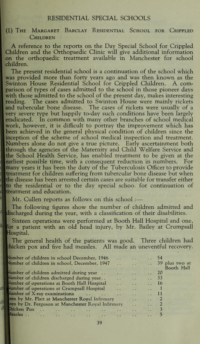 RESIDENTIAL SPECIAL SCHOOLS (1) The Margaret Barclay Residential School for Crippled Children A reference to the reports on the Day Special School for Crippled Children and the Orthopaedic Clinic will give additional information on the orthopaedic treatment available in Manchester for school children. The present residential school is a continuation of the school which was provided more than forty years ago and was then known as the Swinton House Residential School for Crippled Children. A com¬ parison of types of cases admitted to the school in those pioneer days with those admitted to the school of the present day, makes interesting reading. The cases admitted to Swinton House were mainly rickets and tubercular bone disease. The cases of rickets were usually of a very severe type but happily to-day such conditions have been largely eradicated. In common with many other branches of school medical work, however, it is difficult to portray the improvement which has been achieved in the general physical condition of children since the inception of the scheme of school medical inspection and treatment. Numbers alone do not give a true picture. Early ascertainment both through the agencies of the Maternity and Child Welfare Service and Jthe School Health Service, has enabled treatment to be given at the sBearliest possible time, with a consequent reduction in numbers. For (■many years it has been the duty of the Tuberculosis Officer to provide iiBtreatment for children suffering from tubercular bone disease but when oBthe disease has been arrested certain cases are suitable for transfer either )iBto the residential or to the day special schooi for continuation of iBtreatment and education. Mr. Cullen reports as follows on this school :— The following figures show the number of children admitted and lischarged during the year, with a classification of their disabilities. Sixteen operations were performed at Booth Hall Hospital and one, or a patient with an old head injury, by Mr. Bailey at Crumpsall dospital. The general health of the patients was good. Three children had :hicken pox and five had measles. All made an uneventful recovery. Number of children in school December, 1946 . . 54 fJumber of children in school, December, 1947 . . 39 plus two at Booth Hall 20 33 16 1 11 2 2 3 5 'lumber of children admitted during year . . dumber of children discharged during year. . Number of operations at Booth Hall Hospital Number of operations at Crumpsall Hospital Number of X-ray examinations leen by Mr. Platt at Manchester Royal Infirmary leen by Dr. Ferguson at Manchester Royal Infirmary fhicken Pox deasles ..