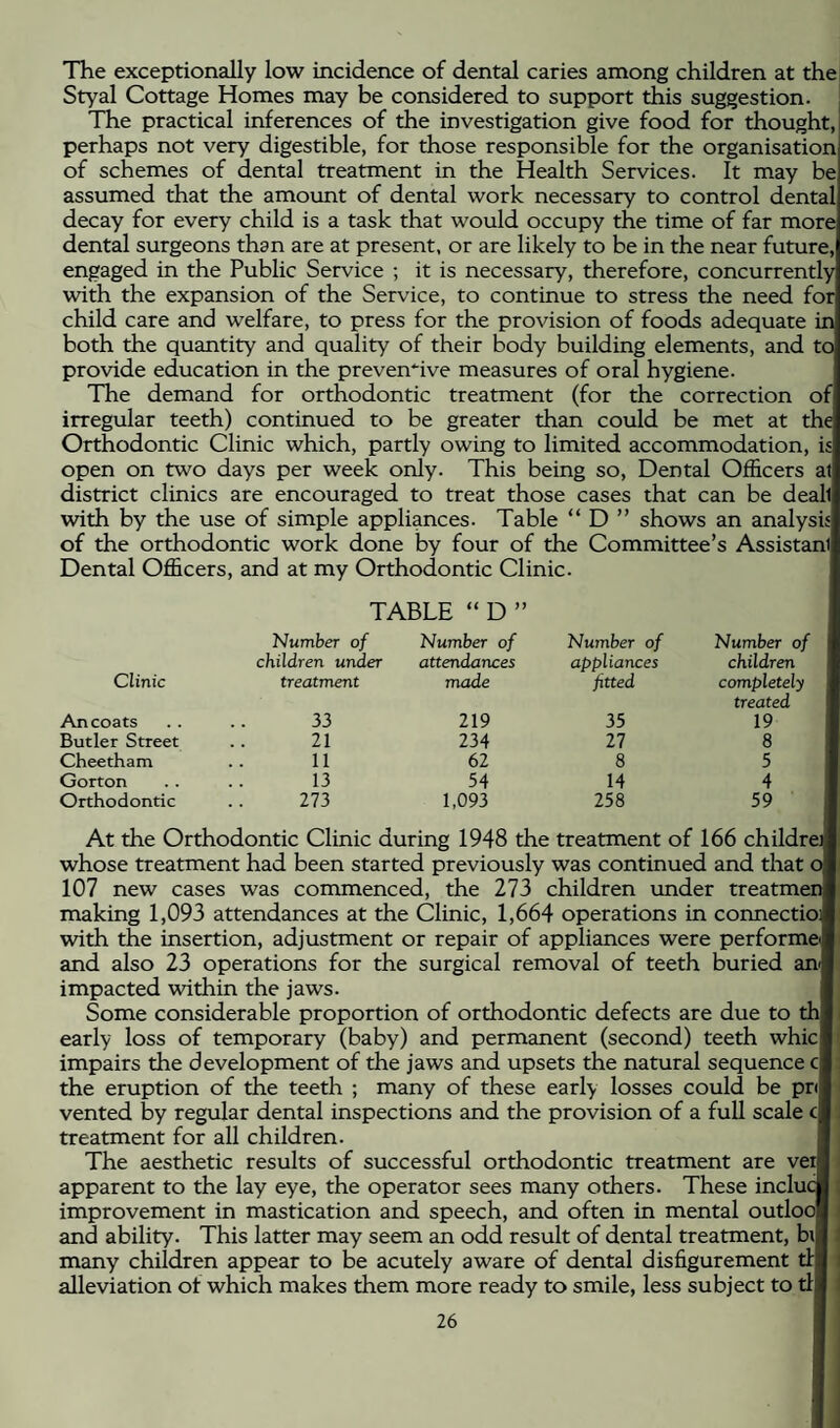 The exceptionally low incidence of dental caries among children at the Styal Cottage Homes may be considered to support this suggestion. The practical inferences of the investigation give food for thought, perhaps not very digestible, for those responsible for the organisation of schemes of dental treatment in the Health Services. It may be assumed that the amount of dental work necessary to control dental decay for every child is a task that would occupy the time of far more dental surgeons than are at present, or are likely to be in the near future, engaged in the Public Service ; it is necessary, therefore, concurrently with the expansion of the Service, to continue to stress the need for child care and welfare, to press for the provision of foods adequate in both the quantity and quality of their body building elements, and to provide education in the preventive measures of oral hygiene. The demand for orthodontic treatment (for the correction of irregular teeth) continued to be greater than could be met at the Orthodontic Clinic which, partly owing to limited accommodation, is open on two days per week only. This being so. Dental Officers at district clinics are encouraged to treat those cases that can be dealt with by the use of simple appliances. Table “ D ” shows an analysis of the orthodontic work done by four of the Committee’s Assistant Dental Officers, and at my Orthodontic Clinic. TABLE “ D ” Number of Number of Number of Number of children under attendances appliances children Clinic treatment made fitted completely treated An coats 33 219 35 19 Butler Street 21 234 27 8 Cheetham 11 62 8 5 Gorton 13 54 14 4 Orthodontic 273 1,093 258 59 At the Orthodontic Clinic during 1948 the treatment of 166 childre* whose treatment had been started previously was continued and that ol 107 new cases was commenced, the 273 children under treatmenl making 1,093 attendances at the Clinic, 1,664 operations in connectioii with the insertion, adjustment or repair of appliances were performed and also 23 operations for the surgical removal of teeth buried an<l impacted within the jaws. I Some considerable proportion of orthodontic defects are due to thi early loss of temporary (baby) and permanent (second) teeth whici impairs the development of the jaws and upsets the natural sequence cl: the eruption of the teeth ; many of these early losses could be pnl vented by regular dental inspections and the provision of a full scale cl treatment for all children. I The aesthetic results of successful orthodontic treatment are veil apparent to the lay eye, the operator sees many others. These incluJ : improvement in mastication and speech, and often in mental outlool i and ability. This latter may seem an odd result of dental treatment, bil ! many children appear to be acutely aware of dental disfigurement til l alleviation of which makes them more ready to smile, less subject to til i