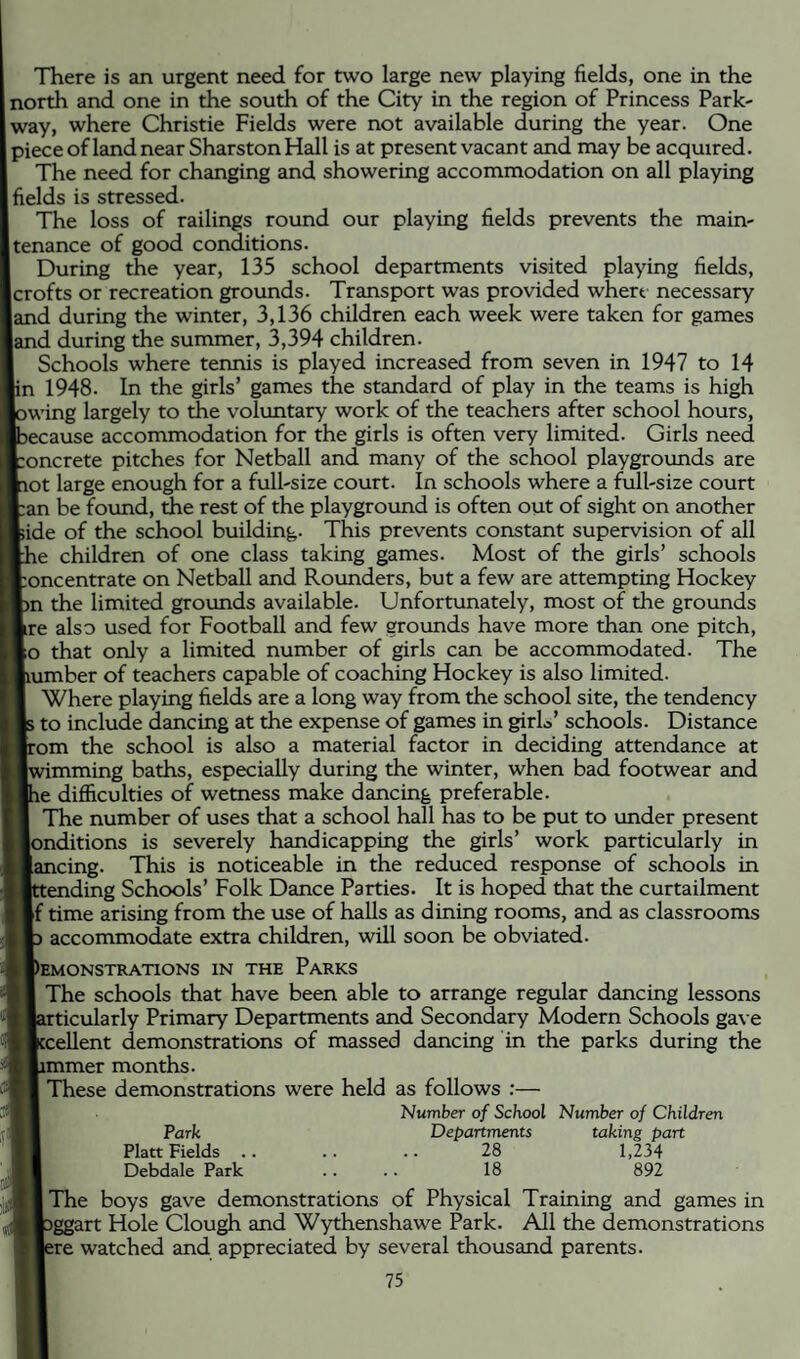 There is an urgent need for two large new playing fields, one in the north and one in the south of the City in the region of Princess Park¬ way, where Christie Fields were not available during the year. One piece of land near Sharston Hall is at present vacant and may be acquired. The need for changing and showering accommodation on all playing ields is stressed. The loss of railings round our playing fields prevents the main¬ tenance of good conditions. During the year, 135 school departments visited playing fields, crofts or recreation grounds. Transport was provided whert necessary and during the winter, 3,136 children each week were taken for games and during the summer, ^394 children. Schools where tennis is played increased from seven in 1947 to 14 in 1948. In the girls’ games the standard of play in the teams is high wing largely to die voluntary work of the teachers after school hours, ecause accommodation for the girls is often very limited. Girls need oncrete pitches for Netball and many of the school playgrounds are ot large enough for a full-size court. In schools where a full-size court an be found, die rest of the playground is often out of sight on another ide of the school building. This prevents constant supervision of all e children of one class taking games. Most of the girls’ schools oncentrate on Netball and Rounders, but a few are attempting Hockey n the limited grounds available. Unfortunately, most of the grounds re also used for Football and few grounds have more than one pitch, o that only a limited number of girls can be accommodated. The umber of teachers capable of coaching Hockey is also limited. Where playing fields are a long way from the school site, the tendency to include dancing at the expense of games in girL’ schools. Distance om the school is also a material factor in deciding attendance at jwimming baths, especially during the winter, when bad footwear and e difiiculties of wetness make dancing preferable. The number of uses that a school hall has to be put to under present pnditions is severely handicapping the girls’ work particularly in ancing. This is noticeable in the reduced response of schools in :ending Schools’ Folk Dance Parties. It is hoped that the curtailment f time arising from the use of halls as dining rooms, and as classrooms accommodate extra children, will soon be obviated. t)EM0NSTRAT10NS IN THE PaRKS The schools that have been able to arrange regular dancing lessons articularly Primary Departments and Secondary Modern Schools gave ccellent demonstrations of massed dancing in the parks during the jmmer months. These demonstrations were held as follows :— Number of School Number of Children Park Departments taking part Platt Fields .. .. .. 28 1,234 Debdale Park .... 18 892 I The boys gave demonstrations of Physical Training and games in Dggart Hole Clough and Wythenshawe Park. All the demonstrations ere watched and appreciated by several thousand parents.
