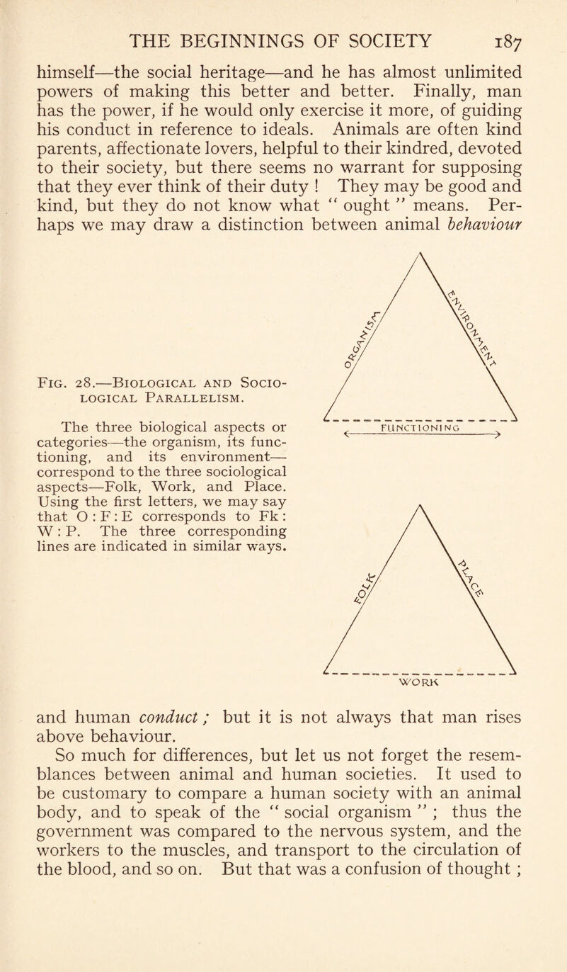 himself—the social heritage—and he has almost unlimited powers of making this better and better. Finally, man has the power, if he would only exercise it more, of guiding his conduct in reference to ideals. Animals are often kind parents, affectionate lovers, helpful to their kindred, devoted to their society, but there seems no warrant for supposing that they ever think of their duty ! They may be good and kind, but they do not know what “ ought ” means. Per¬ haps we may draw a distinction between animal behaviour Fig. 28.—Biological and Socio¬ logical Parallelism. The three biological aspects or categories—the organism, its func¬ tioning, and its environment— correspond to the three sociological aspects—Folk, Work, and Place. Using the first letters, we may say that O : F : E corresponds to Fk : W : P. The three corresponding lines are indicated in similar ways. and human conduct; but it is not always that man rises above behaviour. So much for differences, but let us not forget the resem¬ blances between animal and human societies. It used to be customary to compare a human society with an animal body, and to speak of the “ social organism ” ; thus the government was compared to the nervous system, and the workers to the muscles, and transport to the circulation of the blood, and so on. But that was a confusion of thought ;