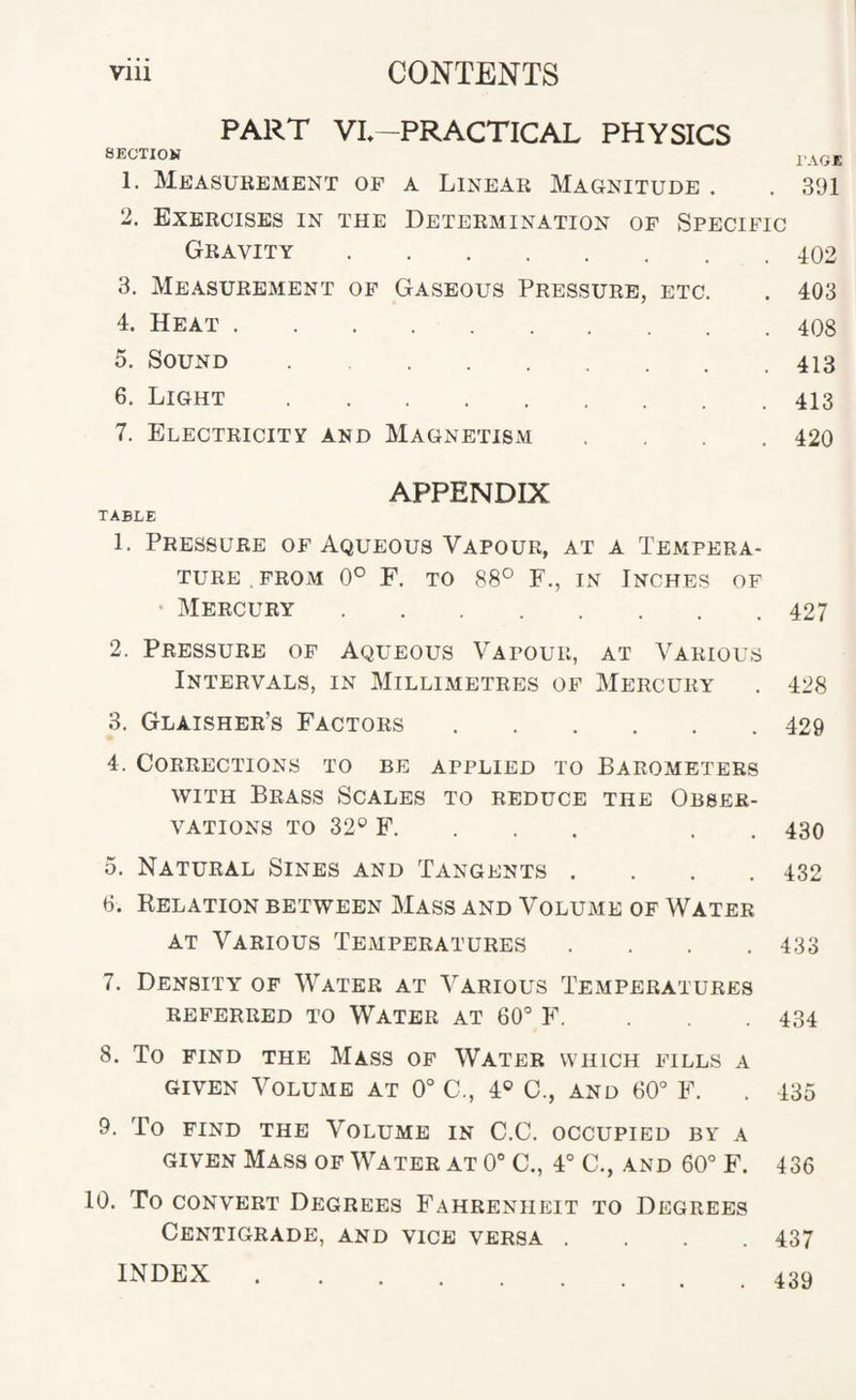 PART VI.-PRACTICAL PHYSICS SECTION I'AGE 1. Measubement of a Linear Magnitude . . 391 2. Exercises in the Determination of Specific Gravity.402 3. Measurement of Gaseous Pressure, etc. . 403 4. Heat.408 5. Sound.413 6. Light.413 7. Electricity and MagnetiSxM .... 420 APPENDIX TABLE 1. Pressure of Aqueous Vapour, at a Tempera¬ ture . FROM 0° F. TO 88° F., IN Inches of • Mercury.427 2. Pressure of Aqueous Vapour, at Various Intervals, in Millimetres of Mercury . 428 3. Glaisher’s Factors.429 4. Corrections to be applied to Barometers WITH Brass Scales to reduce the Obser¬ vations TO 32® F. . . . . .430 5. Natural Sines and Tangents . . . .432 6. Relation between Mass and Volume of Water AT Various Temperatures .... 433 7. Density of Water at Various Temperatures referred to Water at 60° F. ... 434 8. To FIND the Mass of Water which fills a given Volume at 0° C., 4® 0., and 60° F. . 435 9. To FIND THE Volume in C.C. occupied by a GIVEN Mass of Water at 0° C., 4° C., and 60° F. 436 10. To convert Degrees Fahrenheit to Degrees Centigrade, and vice versa .... 437 index.4.0
