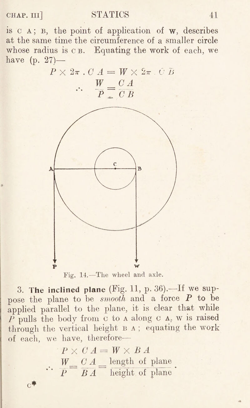 is c A; B, the point of application of w, describes at the same time the circumference of a smaller circle whose radius is c b. Equating the work of each, we have (p. 27)— P X 27r . 0 A = IF X ^TT . 0 B W A P ^ C B 3. The inclined plane (Fig. 11, p. 36).—If we sup¬ pose the plane to be smooth and a force P to be applied parallel to the plane, it is clear that while P pulls the body from c to a along C A, w is raised through the vertical height n a ; equating the work of each, we have, therefore— PX C A=W X B A W C A length of plane P B A height of plane c*