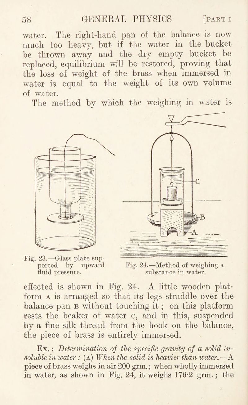 water. The right-hand pan of the balance is now much too heavy, but if the water in the bucket be thrown away and the dry empty bucket be replaced, equilibrium will be restored, proving that the loss of weight of the brass when immersed in water is equal to the weight of its own volume of water. The method by which the weighing in water is Fig. 23.—Glass j)late sup¬ ported by upward fluid pressure. Fig. 24.—Method of weighing a substance in water. effected is shown in Eig. 24. A little wooden plat¬ form A is arranged so that its legs straddle over the balance pan b without touching it; on this platform rests the beaker of water c, and in this, suspended by a fine silk thread from the hook on the balance, the piece of brass is entirely immersed. Ex.: Determination of the specific gravity of a solid in¬ soluble in water : (a) When the solid is heavier than water.—A piece of brass weighs in air 200 grm.; when wholl}^ immersed in water, as shown in Fig. 24, it weighs 176-2 grm.; the