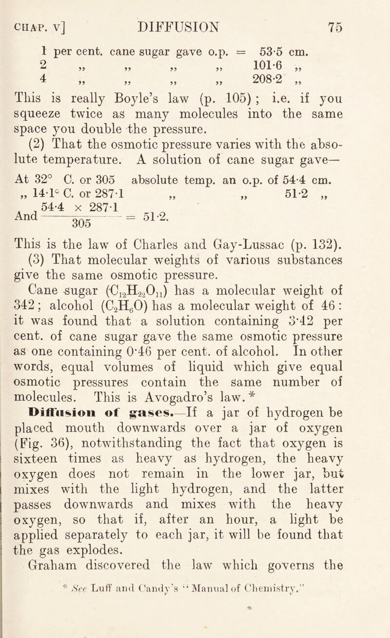 1 per cent, cane sugar gave o.p. = 53*5 cm, 2 „ „ „ „ 101-6 „ 4 „ „ „ „ 208-2 „ This is really Boyle’s law (p. 105) ; i.e. if you squeeze twice as many molecules into the same space you double the pressure. (2) That the osmotic pressure varies with the abso¬ lute temperature. A solution of cane sugar gave— At 32° 0. or 305 „ 14-P C. or 287-1 , 54-4 X 287-1 absolute temp, an o.p. 99 of 54*4 cm. 51-2 99 51-2. This is the law of Charles and Gay-Lussac (p. 132). (3) That molecular weights of various substances give the same osmotic pressure. Cane -Sugar (G12H22O11) has a molecular weight of 342 ; alcohol (C2H6O) has a molecular weight of 46 : it was found that a solution containing 3'42 per cent, of cane sugar gave the same osmotic pressure as one containing 0’46 per cent, of alcohol. In other words, equal volumes of liquid which give equal osmotic pressures contain the same number of molecules. This is Avogadro’s law. Diffii«»ioii of g-ases.—If a jar of hydrogen be placed mouth downwards over a jar of oxygen (Fig. 36), notwithstanding the fact that oxygen is sixteen times as heavy as hydrogen, the heavy oxygen does not remain in the lower jar, but mixes with the light hydrogen, and the latter passes downwards and mixes with the heavy oxygen, so that if, after an hour, a light be applied separately to each jar, it will be found that the gas explodes. Graham discovered the law which governs the * See Luff and (Tandy’s “JNranualof Clieruistiy,”
