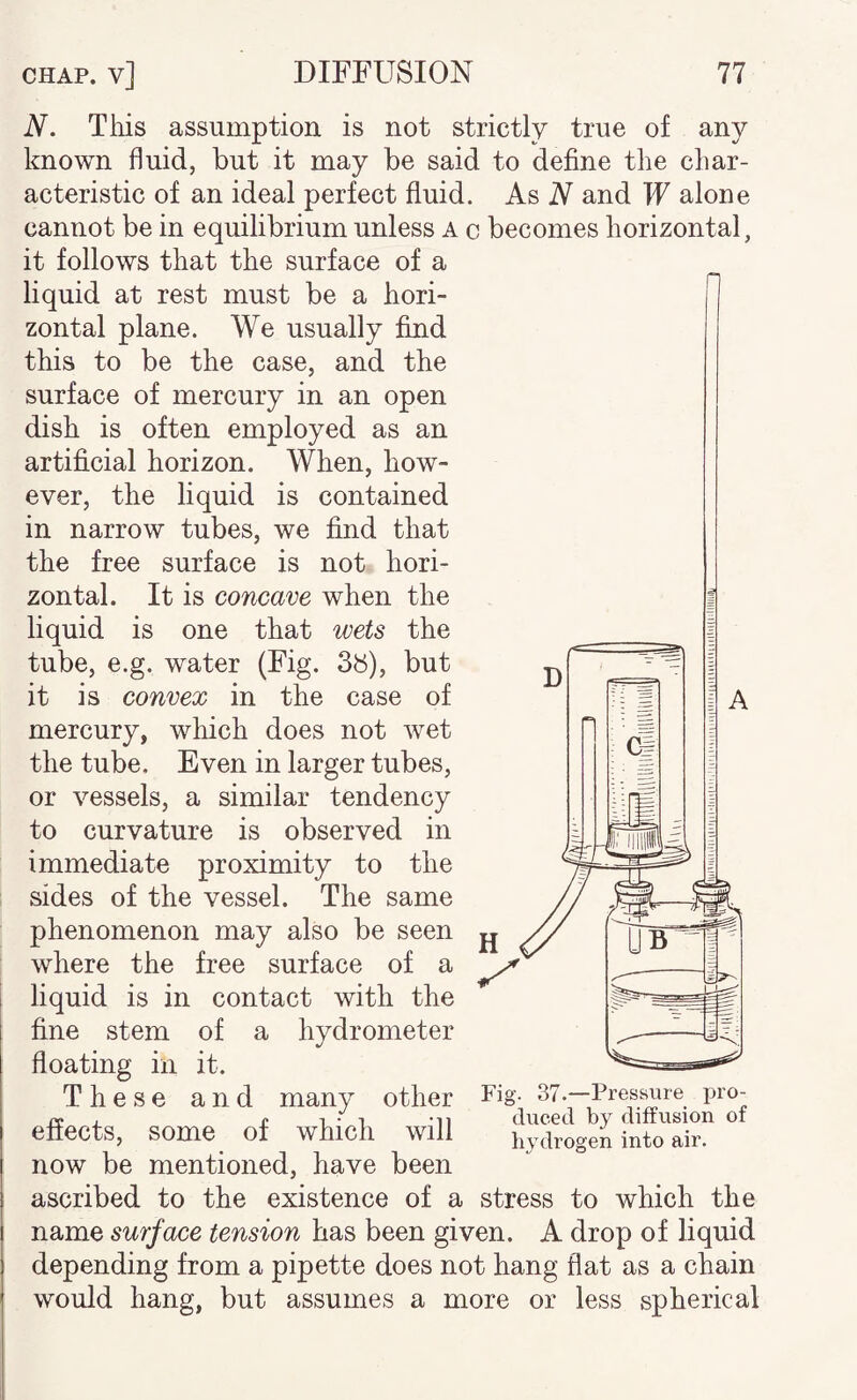 n N. This assumption is not strictly true of any known fluid, but it may be said to define the char¬ acteristic of an ideal perfect fluid. As N and W alone cannot be in equilibrium unless A c becomes horizontal, it follows that the surface of a liquid at rest must be a hori¬ zontal plane. We usually find this to be the case, and the surface of mercury in an open dish is often employed as an artificial horizon. When, how¬ ever, the liquid is contained in narrow tubes, we find that the free surface is not hori¬ zontal. It is concave when the liquid is one that wets the tube, e.g. water (Fig. 3b), but it is convex in the case of mercury, which does not wet the tube. Even in larger tubes, or vessels, a similar tendency to curvature is observed in immediate proximity to the sides of the vessel. The same phenomenon may also be seen where the free surface of a liquid is in contact with the fine stem of a hydrometer floating in it. These and many other effects, some of which will now be mentioned, have been ascribed to the existence of a stress to which the name surface tension has been given. A drop of liquid depending from a pipette does not hang flat as a chain would hang, but assumes a more or less spherical Fig. 37.—Pressure pro¬ duced by diffusion of hydrogen into air.