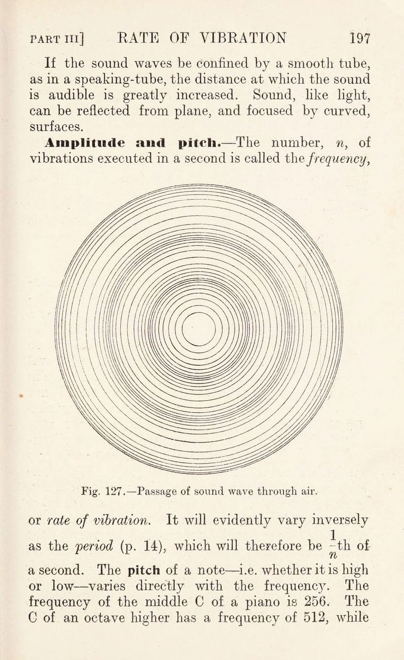 If the sound waves be confined by a smooth tube, as in a speaking-tube, the distance at which the sound is audible is greatly increased. Sound, like light, can be reflected from plane, and focused by curved, surfaces. Amplitude and pitch.—The number, of vibrations executed in a second is called the f requency, Fig. 127.—Passage of sound wave through air. or rate of vibration. It will evidently vary inversely as the 'period (p. 14), which will therefore be -th ol a second. The pitch of a note—^i.e. whether it is high or low—varies directly with the frequency. The frequency of the middle C of a piano is 256. The C of an octave higher has a frequency of 512, while