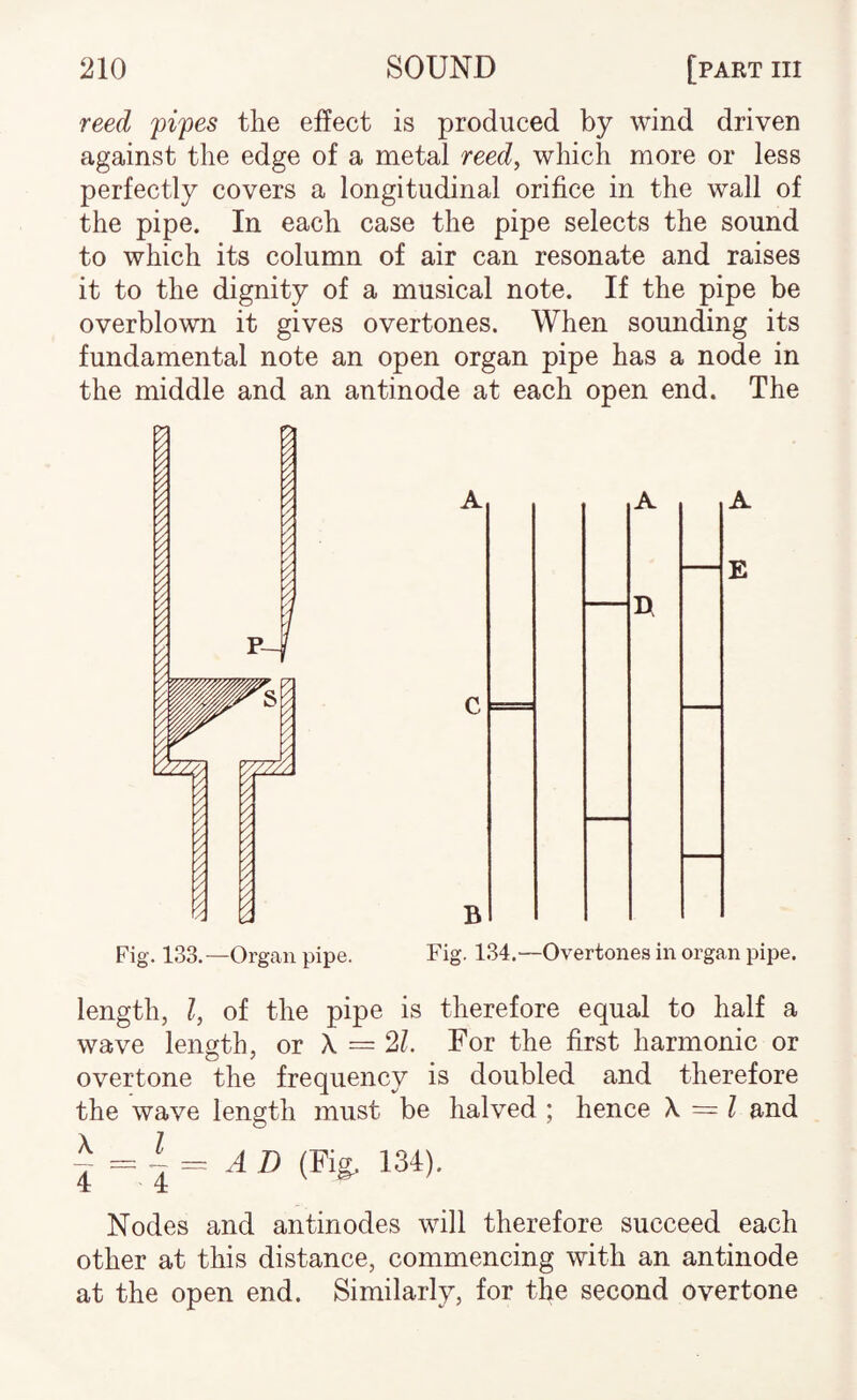 reed fifes the effect is produced by wind driven against the edge of a metal reed, which more or less perfectly covers a longitudinal orifice in the wall of the pipe. In each case the pipe selects the sound to which its column of air can resonate and raises it to the dignity of a musical note. If the pipe be overblown it gives overtones. When sounding its fundamental note an open organ pipe has a node in the middle and an antinode at each open end. The length, I, of the pipe is therefore equal to half a wave length, or X = 2L For the first harmonic or overtone the frequency is doubled and therefore the wave length must be halved ; hence \ = Z and ^ = i= ^7) (Pi^ 134). Nodes and antinodes will therefore succeed each other at this distance, commencing with an antinode at the open end. Similarly, for the second overtone