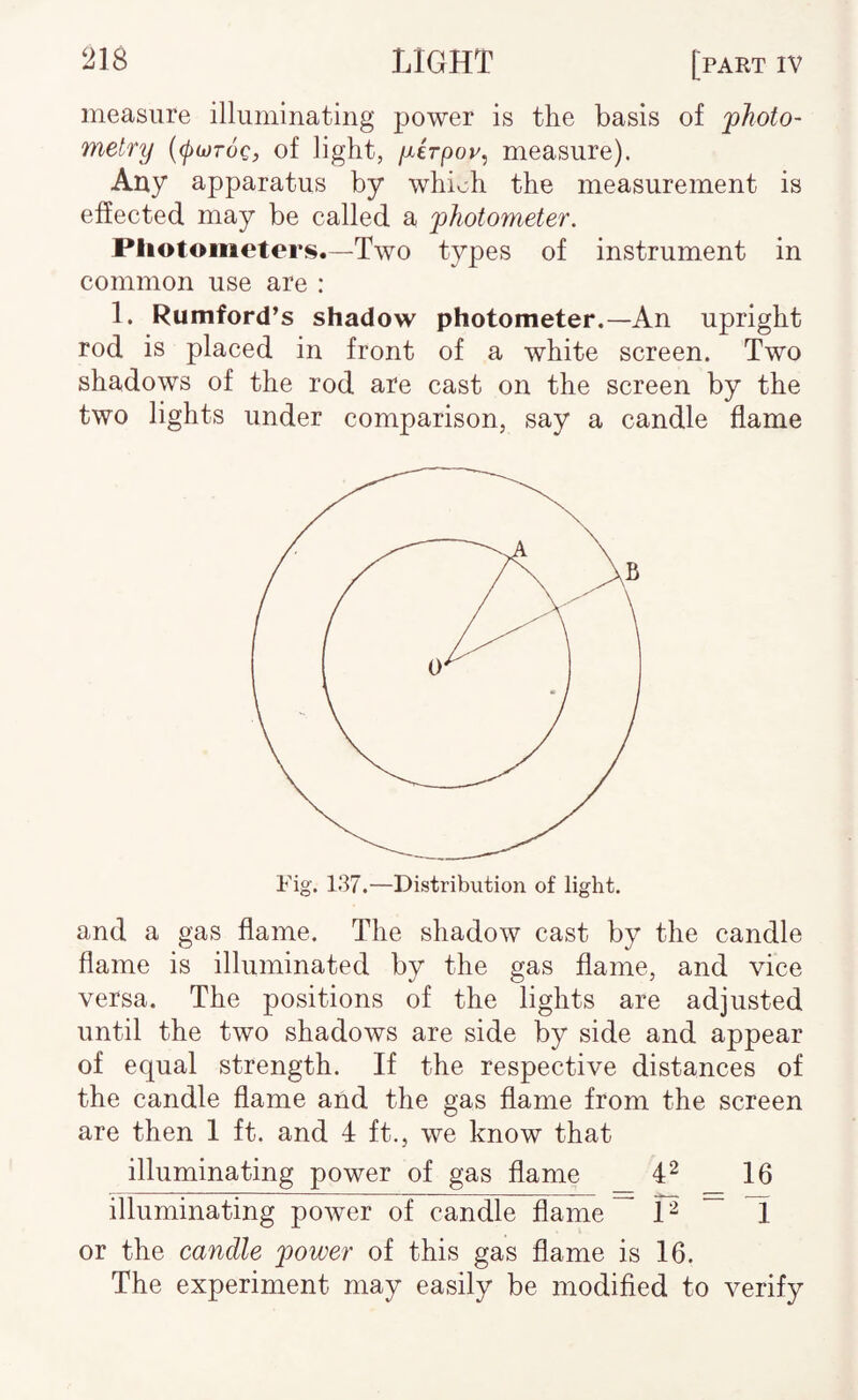 measure illuminating power is the basis of 'photo¬ metry {(jxjjTOQ, of light, yirpov^ measure). Any apparatus by whioh the measurement is effected may be called a photometer. Pliotoiiieters.—Two types of instrument in common use are : 1. Rumford’s shadow photometer.—An upright rod is placed in front of a white screen. Two shadows of the rod are cast on the screen by the two lights under comparison, say a candle flame Fig. 137.—Distribution of light. and a gas flame. The shadow cast by the candle flame is illuminated by the gas flame, and vice versa. The positions of the lights are adjusted until the two shadows are side by side and appear of equal strength. If the respective distances of the candle flame and the gas flame from the screen are then 1 ft. and 4 ft., we know that illuminating power of gas flame 4^ 16 illuminating power of candle flame ~ P ~ 1 or the candle power of this gas flame is 16. The experiment may easily be modified to verify