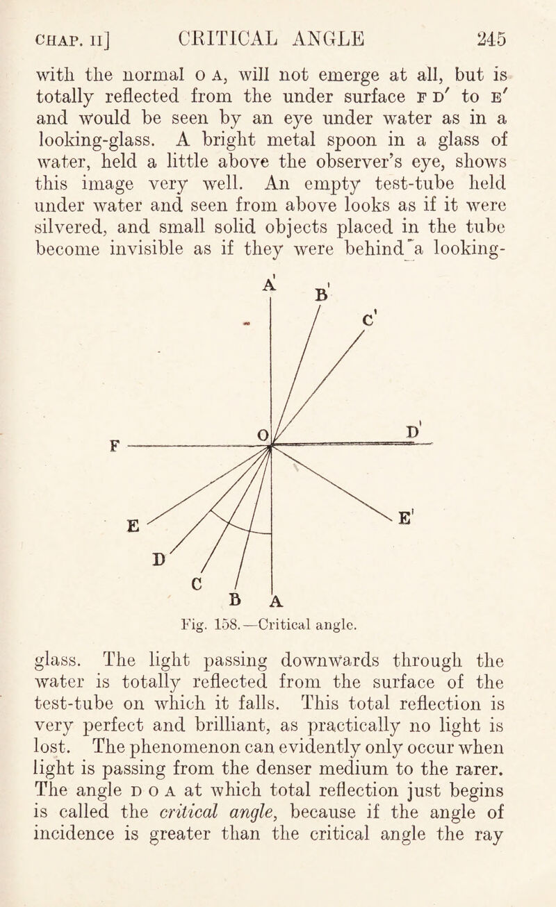 with the normal o a, will not emerge at all, but is totally reflected from the under surface p d' to e' and would be seen by an eye under water as in a looking-glass. A bright metal spoon in a glass of water, held a little above the observer’s eye, shows this image very well. An empty test-tube held under water and seen from above looks as if it were silvered, and small solid objects placed in the tube become invisible as if they were behind ”^a looking- glass. The light passing downwards through the water is totally reflected from the surface of the test-tube on which it falls. This total reflection is very perfect and brilliant, as practically no light is lost. The phenomenon can evidently only occur when light is passing from the denser medium to the rarer. The angle d o A at which total reflection just begins is called the critical angle, because if the angle of incidence is greater than the critical angle the ray
