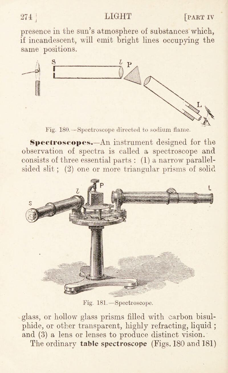 I presence in the sun’s atmosphere of substances which, if incandescent, will emit bright lines occupying the same positions. An instrument designed for the observation of spectra is called a spectroscope and consists of three essential parts : (1) a narroAV parallel¬ sided slit; (2) one or more triangular prisms of solid Fig. 181.—Spectroscope. glass, or hollow glass prisms filled with carbon bisul¬ phide, or other transparent, highly refracting, liquid ; and (3) a lens or lenses to produce distinct vision. The ordinary table spectroscope (Figs. 180 and 181)