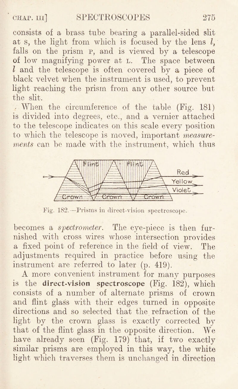 consists of a brass tube bearing a parallel-sided slit at s, the light from which is focused by the lens I, falls on the prism p, and is viewed by a telescope of low magnifying power at l. The space between I and the telescope is often covered by a piece of black velvet when the instrument is used, to prevent light reaching the prism from any other source but the slit. . When the circumference of the table (Fig. 181) is divided into degrees, etc., and a vernier attached to the telescope indicates on this scale every position to which the telescope is moved, important measure- 'ments can be made with the instrument, which thus Fig. 182.—Prism.s in dii’ect-vision spectroscope. becomes a sjoectrometer. The eye-piece is then fur¬ nished with cross wires whose intersection provides a fixed point of reference in the field of view. The adjustments required in practice before using the instrument are referred to later (p. 419). A more convenient instrument for miany purposes is the direct-vision spectroscope (Fig. 182), which consists of a number of alternate prisms of crown and flint glass with their edges turned in opposite directions and so selected that the refraction of the light by the crown glass is exactly corrected by that of the flint glass in the opposite direction. We have already seen (Fig. 179) that, if two exactly similar prisms are employed in this way, the white light which traverses them is unchanged in direction