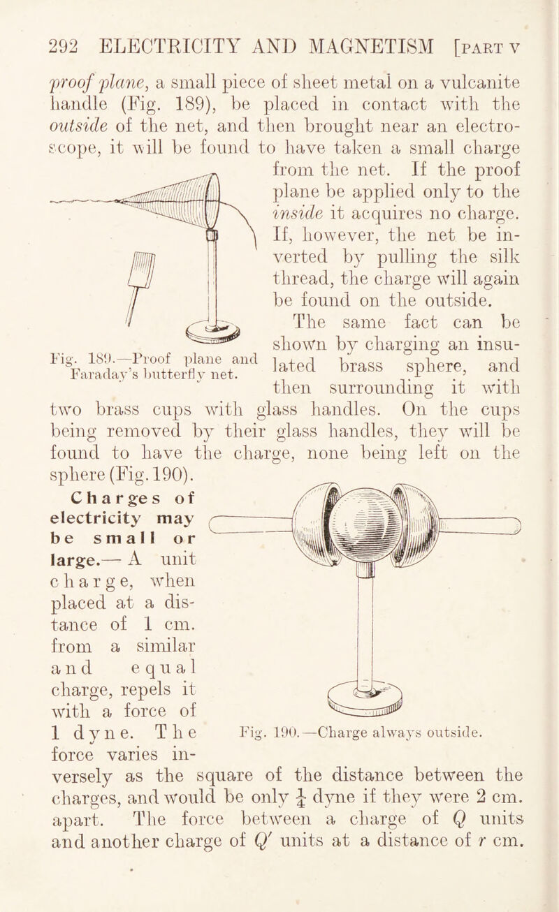 2^roof 'plane, a small piece of sheet metal on a vulcanite handle (Fig. 189), be placed in contact with the outside of the net, and then brought near an electro¬ scope, it will be found to have taken a small charge from the net. If the proof plane be applied only to the inside it acquires no charge. If, how’ever, the net be in¬ verted by pulling the silk thread, the charge will again be found on the outside. The same fact can be showm by charging an insu¬ lated brass sphere, and then surrounding it with two brass cups wdth glass handles. On the cups being removed by their glass handles, they wdll be found to have the charge, none being left on the sphere (Fig. 190). Charges of electricity may be small or large.— A unit charge, wdien placed at a dis¬ tance of 1 cm. from a similar and equal charge, repels it wdth a force of 1 dyne. The Rig. lyo.—Charge always outside. t/ force varies in¬ versely as the square of the distance between the charges, and would be only J dyne if they were 2 cm. apart. The force betw^een a charge of Q units and another charge of Q' units at a distance of r cm. Fig. 18!).—Proof plane and Faraday’s butterfi}’ net.