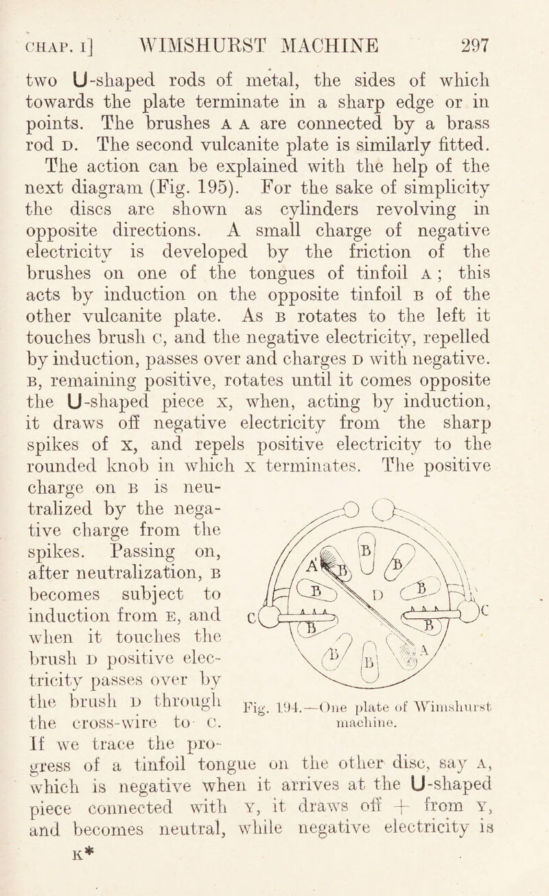 two U-shaped rods of metal, the sides of which towards the plate terminate in a sharp edge or in points. The brushes a a are connected by a brass rod D. The second vulcanite plate is similarly fitted. The action can be explained with the help of the next diagram (Fig. 195). For the sake of simplicity the discs are shown as cylinders revolving in opposite directions. A small charge of negative electricity is developed by the friction of the brushes on one of the tongues of tinfoil a ; this acts by induction on the opposite tinfoil b of the other vulcanite plate. As b rotates to the left it touches brush c, and the negative electricity, repelled by induction, passes over and charges d with negative. B, remaining positive, rotates until it comes opposite the U-shaped piece x, when, acting by induction, it draws off negative electricity from the sharp spikes of X, and repels positive electricity to the rounded knob in which x terminates. The positive charge on b is neu¬ tralized by the nega¬ tive charge from the spikes. Passing on, after neutralization, b becomes subject to induction from E, and when it touches the brush D positive elec¬ tricity passes over by the brush l) tbiough |<J4 plate of Wiiusluust the cross-wire to- c. niaehiuo. If we trace the pro¬ gress of a tinfoil tongue on tiie other disc, say a, which is negative when it arrives at the U-shaped piece connected with y, it drarvs off f from y, and becomes neutral, while negative electricity is K*