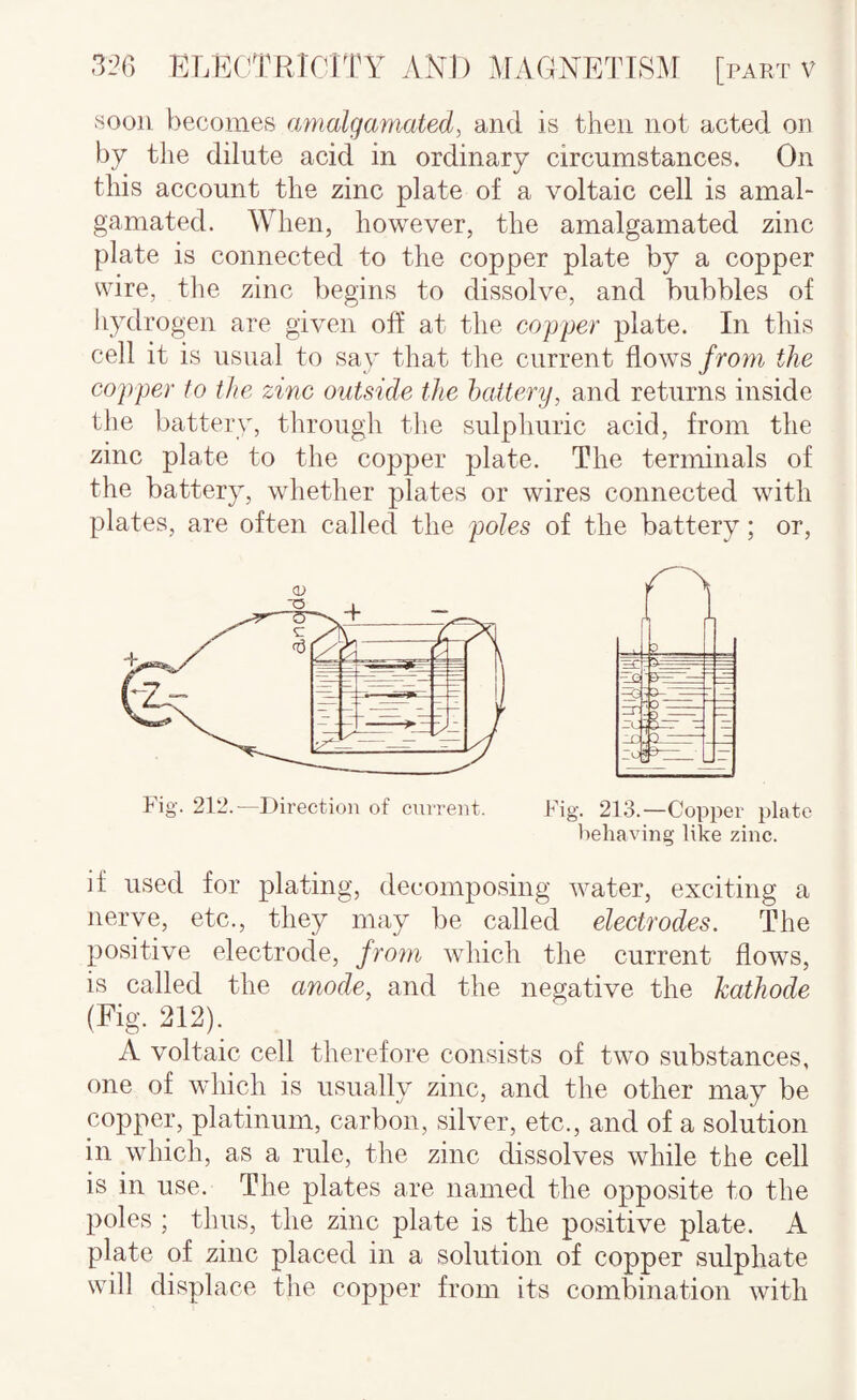 f^oon becomes amalgamated, and is then not acted on by the dilute acid in ordinary circumstances. On this account the zinc plate of a voltaic cell is amal¬ gamated. When, however, the amalgamated zinc plate is connected to tlie copper plate by a copper wire, the zinc begins to dissolve, and bubbles of hydrogen are given off at the copper plate. In this cell it is usual to say that the current flows from the copper to the zinc outside the hattery, and returns inside the battery, through the sulphuric acid, from the zinc plate to the copper plate. The terminals of the battery, whether plates or wires connected with plates, are often called the poles of the battery; or, Fig. 212.—Direction of current. Fig. 213.—Copper plate behaving like zinc. if used for plating, decomposing water, exciting a nerve, etc., they may be called electrodes. The positive electrode, from which the current flows, is called the anode, and the negative the kathode (Fig. 212). A voltaic cell therefore consists of two substances, one of which is usually zinc, and the other may be copper, platinum, carbon, silver, etc., and of a solution in which, as a rule, the zinc dissolves while the cell is in use. The plates are named the opposite to the poles ; thus, the zinc plate is the positive plate. A plate of zinc placed in a solution of copper sulphate will displace the copper from its combination with