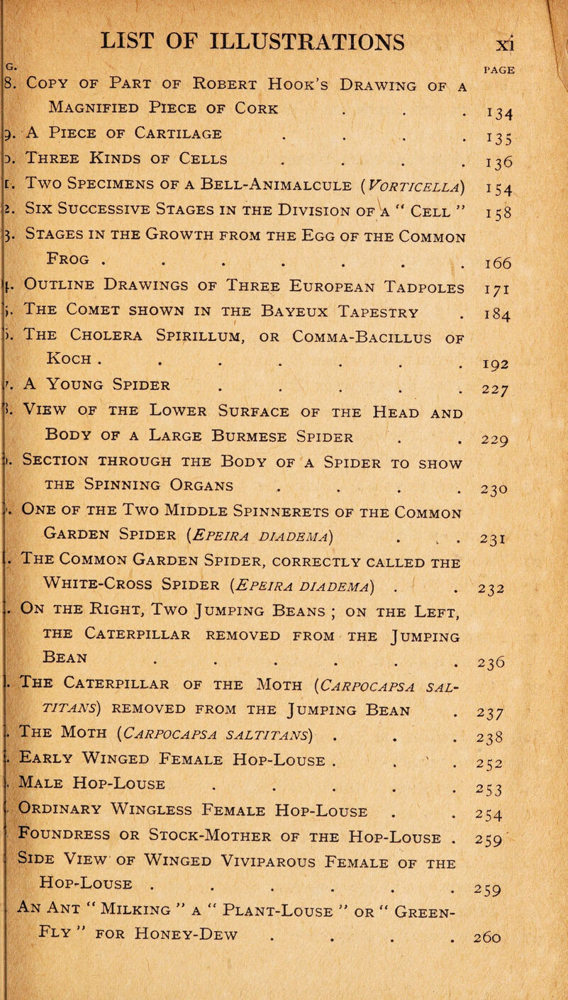 G. 8. Copy of Part of Robert Hook’s Drawing of a Magnified Piece of Cork 3. A Piece of Cartilage ^ • • • d. Three Kinds of Cells . t. Two Specimens of a Bell-Animalcule ( Vorticella) 2. Six Successive Stages in the Division of a “ Cell ” 3. Stages in the Growth from the Egg of the Common Frog ....... [■ Outline Drawings of Three European Tadpoles The Comet shown in the Bayeux Tapestry k The Cholera Spirillum, or Comma-Bacillus of Koch ....... \ A Young Spider ..... !. View of the Lower Surface of the Head and Body of a Large Burmese Spider 1. Section through the Body of a Spider to show the Spinning Organs .... >. One of the Two Middle Spinnerets of the Common Garden Spider (Epeira diadema) . The Common Garden Spider, correctly called the White-Cross Spider (.Epeira diadema) . . On the Right, Two Jumping Beans ; on the Left, the Caterpillar removed from the Jumping Bean ...... . The Caterpillar of the Moth (Carpocapsa sal- titans) REMOVED FROM THE JUMPING BEAN . The Moth (Carpocapsa saltitans) . Early Winged Female Hop-Louse . . . Male Hop-Louse ..... . Ordinary Wingless Female Hop-Louse Foundress or Stock-Mother of the Hop-Louse . Side View of Winged Viviparous Female of the Hop-Louse ...... An Ant “ Milking ” a “ Plant-Louse ” or “ Green- Fly ” for Honey-Dew * PAGE 134 135 136 154 158 166 171 I84 192 227 229 230 231 232 236 237 238 252 253 254 259 259 260