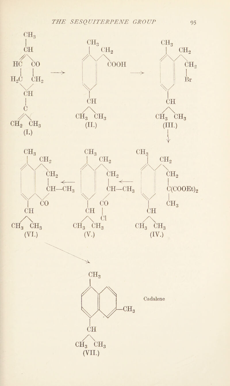 CHo CH3 (I.) CH. CHo CH5 CH. 1 CHq CH /V HC CO > IIoC CHo %/ CH CH C /\ ch3 c ch2 COOH (II.) CH. CH—CH3 CO CH2 CHo <■ > ch3 ch3 (III.) CH. \ CH—CH. CH CH3 ch3 (VI.) CH CO Cl ch3 ch3 (V.) CHo ch2 C(COOEt)2 CHo CH CH3 CH. (IV.) CH, CH3 ch3 (VIL) Cadalene