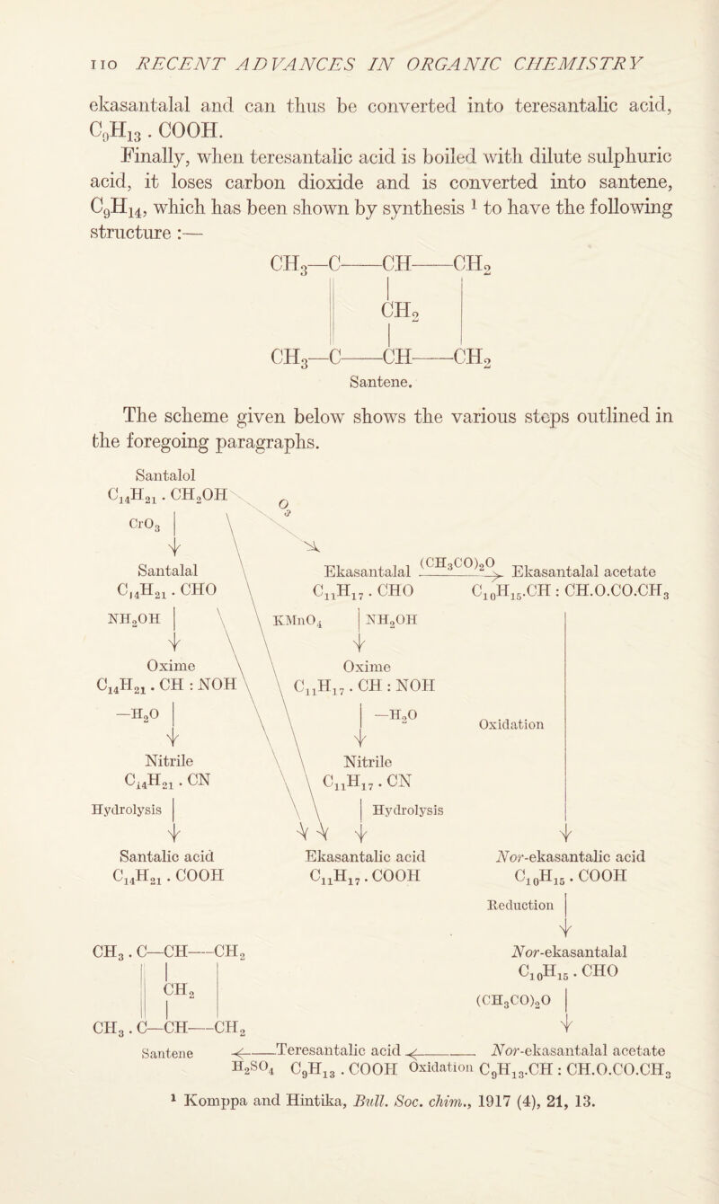 ekasantalal and can thus be converted into teresantalic acid, c9h13 . eooH. Finally, when teresantalic acid is boiled with dilute sulphuric acid, it loses carbon dioxide and is converted into santene, C9H14, which has been shown by synthesis 1 to have the following structure :— CH3—C-CH-CHo i CHo CH3—C-CH-CHo Santene. The scheme given below shows the various ;he foregoing paragraphs. Santalol r\ TT TT steps outlined in oantaioi C14H21. CH2OH Cr03 ' V Santalal CI4H21. CHO nh2oh v Oxime J14H21. CH : NOH -H20 v Nitrile Ci4H21. CN _i acid f21. COOH -CH-CH2 ch2 -CH-CH Ekasantalal p;pasantalal acetate CnH17. CHO C10H15.CH : CH.O.CO,CHa XHoOH o' Oxime CnH17. CH : NOH —HoO Y Nitrile CnH17. CN Oxidation ! Hydrolysis ■V ■v ^ Ekasantalic acid C1]LH17.COOH Y iVor-ekasantalic acid C10H15.COOH Reduction Nor-ekasantalal C10H15. CHO (CH3C0)20 L L 2 Y-Teresantalic acid h2S04 CoH„.C00H 1 Komppa and Hintika, Bull. Soc. chim., 1917 (4), 21, 13.