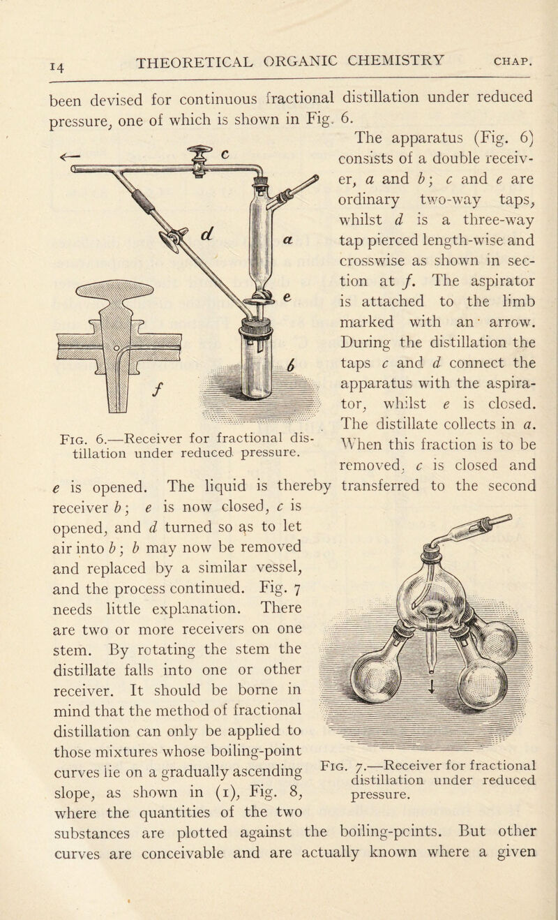 been devised for continuous fractional distillation under reduced pressure, one of which is shown in Fig. 6. The apparatus (Fig. 6) consists of a double receiv¬ er, a and b; c and e are ordinary two-way taps, whilst d is a three-way tap pierced length-wise and crosswise as shown in sec¬ tion at /. The aspirator is attached to the limb marked with an’ arrow. During the distillation the taps c and d connect the apparatus with the aspira¬ tor, whilst e is closed. The distillate collects in a. When this fraction is to be removed, c is closed and y e is opened. The liquid is thereby transferred to the second receiver b e is now closed, c is opened, and d turned so qs to let air into b; b may now be removed and replaced by a similar vessel, and the process continued. Fig. 7 needs little explanation. There are two or more receivers on one stem. By rotating the stem the distillate falls into one or other receiver. It should be borne in mind that the method of fractional distillation can only be applied to those mixtures whose boiling-point curves lie on a gradually ascending slope, as shown in (1), Fig. 8, where the quantities of the two Fig. 6,—Receiver for fractional dis¬ tillation under reduced pressure. Fig. 7.—Receiver for fractional distillation under reduced pressure. substances are plotted against the boiling-pcints. But other curves are conceivable and are actually known where a given