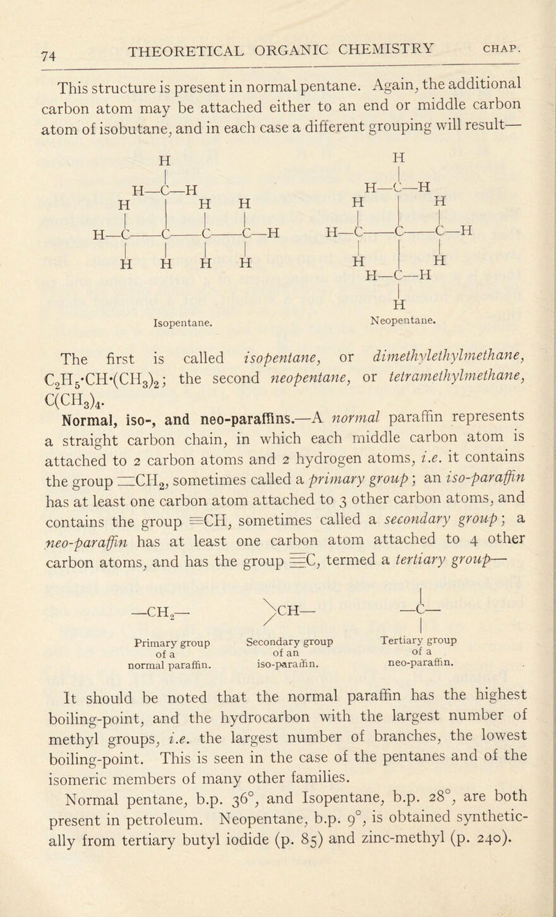 This structure is present in normal pentane. Again, the additional carbon atom may be attached either to an end or middle carbon atom of isobutane, and in each case a different grouping will result H H—C—H H I H—C- H H H -C-C—C—H H H H Isopentane. IT H—C—H H H H—C-C-C—H H H H—C—H H Neopentane. The first is called isopentane, or dimethvlethylmetJiane, C2H5-CH-(CH3)2; the second neopentane, or tetramethylmethane, C(CH3)4. Normal, iso-, and neo-paraffins.—A normal paraffin represents a straight carbon chain, in which each middle carbon atom is attached to 2 carbon atoms and 2 hydrogen atoms, i.e. it contains the group —Cll2, sometimes called a primary group; an iso-paraffin has at least one carbon atom attached to 3 other carbon atoms, and contains the group =CH, sometimes called a secondary group; a neo-paraffin has at least one carbon atom attached to 4 other carbon atoms, and has the group =C, termed a tertiary group— —CH, Primary group of a normal paraffin. Secondary group of an iso-paraffin. —c— Tertiary group of a neo-paraffin. It should be noted that the normal paraffin has the highest boiling-point, and the hydrocarbon with the largest number of methyl groups, i.e. the largest number of branches, the lowest boiling-point. This is seen in the case of the pentanes and of the isomeric members of many other families. Normal pentane, b.p. 36°, and Isopentane, b.p. 28°, are both present in petroleum. Neopentane, b.p. 90, is obtained synthetic¬ ally from tertiary butyl iodide (p. 85) and zinc-methyl (p. 240).