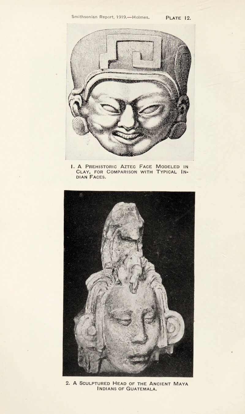 I. A Prehistoric Aztec Face Modeled in Clay, for Comparison with Typical In¬ dian Faces. 2. A Sculptured Head of the Ancient Maya Indians of Guatemala.