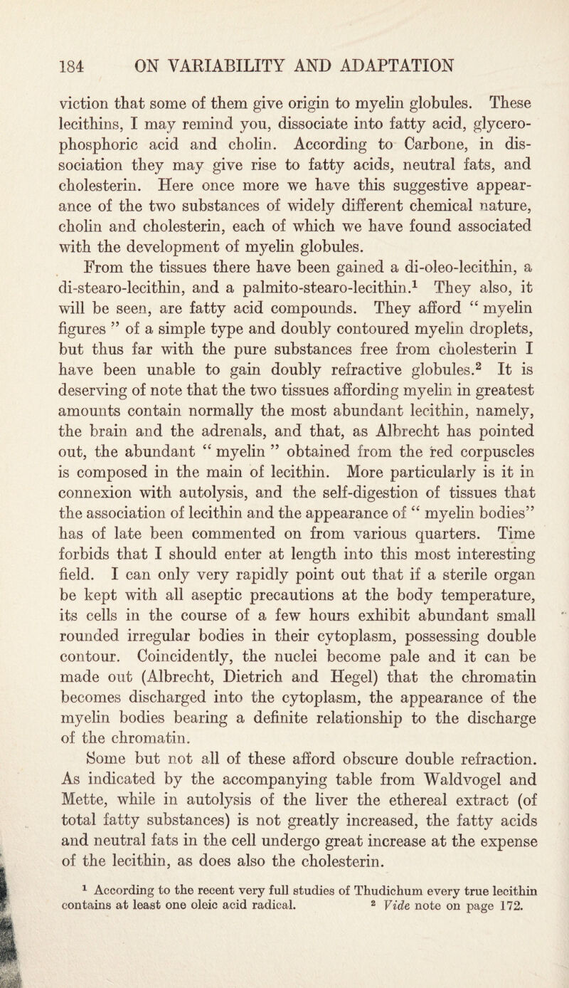 viction that some of them give origin to myelin globules. These lecithins, I may remind you, dissociate into fatty acid, glycero- phosphoric acid and cholin. According to Carbone, in dis¬ sociation they may give rise to fatty acids, neutral fats, and cholesterin. Here once more we have this suggestive appear¬ ance of the two substances of widely different chemical nature, cholin and cholesterin, each of which we have found associated with the development of myelin globules. From the tissues there have been gained a di-oleo-lecithin, a di-stearo-lecithin, and a palmito-stearo-lecithin.1 They also, it will be seen, are fatty acid compounds. They afford “ myelin figures ” of a simple type and doubly contoured myelin droplets, but thus far with the pure substances free from cholesterin I have been unable to gain doubly refractive globules.2 It is deserving of note that the two tissues affording myelin in greatest amounts contain normally the most abundant lecithin, namely, the brain and the adrenals, and that, as Albrecht has pointed out, the abundant “ myelin ” obtained from the red corpuscles is composed in the main of lecithin. More particularly is it in connexion with autolysis, and the self-digestion of tissues that the association of lecithin and the appearance of “ myelin bodies” has of late been commented on from various quarters. Time forbids that I should enter at length into this most interesting field. I can only very rapidly point out that if a sterile organ be kept with all aseptic precautions at the body temperature, its cells in the course of a few hours exhibit abundant small rounded irregular bodies in their cytoplasm, possessing double contour. Coincidently, the nuclei become pale and it can be made out (Albrecht, Dietrich and Hegel) that the chromatin becomes discharged into the cytoplasm, the appearance of the myelin bodies bearing a definite relationship to the discharge of the chromatin. Some but not all of these afford obscure double refraction. As indicated by the accompanying table from Waldvogel and Mette, while in autolysis of the liver the ethereal extract (of total fatty substances) is not greatly increased, the fatty acids and neutral fats in the cell undergo great increase at the expense of the lecithin, as does also the cholesterin. 1 According to the recent very full studies of Thudichum every true lecithin contains at least one oleic acid radical. 2 Vide note on page 172.