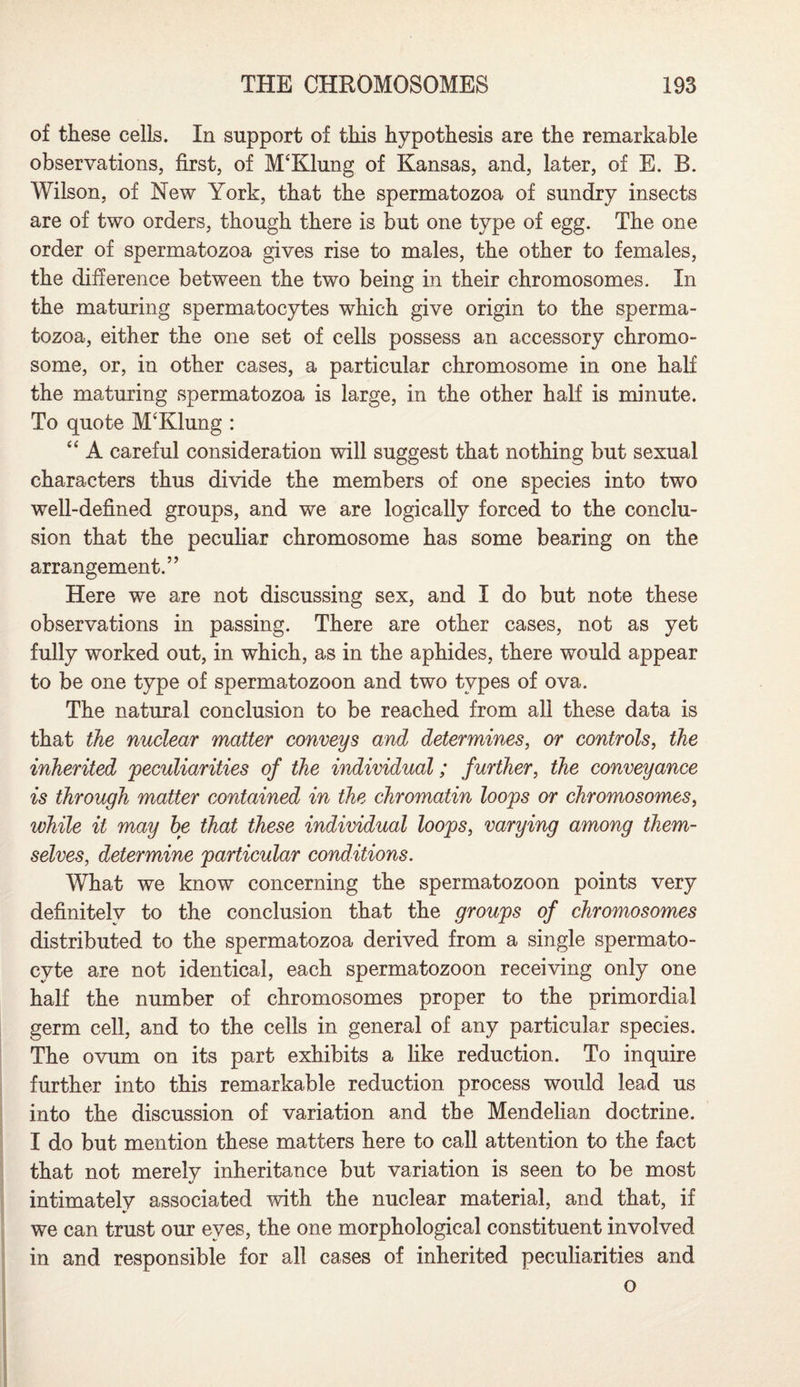 of these cells. In support of this hypothesis are the remarkable observations, first, of M‘Klung of Kansas, and, later, of E. B. Wilson, of New York, that the spermatozoa of sundry insects are of two orders, though there is but one type of egg. The one order of spermatozoa gives rise to males, the other to females, the difference between the two being in their chromosomes. In the maturing spermatocytes which give origin to the sperma¬ tozoa, either the one set of cells possess an accessory chromo¬ some, or, in other cases, a particular chromosome in one half the maturing spermatozoa is large, in the other half is minute. To quote M'Klung : “ A careful consideration will suggest that nothing but sexual characters thus divide the members of one species into two well-defined groups, and we are logically forced to the conclu¬ sion that the peculiar chromosome has some bearing on the arrangement.” Here we are not discussing sex, and I do but note these observations in passing. There are other cases, not as yet fully worked out, in which, as in the aphides, there would appear to be one type of spermatozoon and two types of ova. The natural conclusion to be reached from all these data is that the nuclear matter conveys and determines, or controls, the inherited 'peculiarities of the individual; further, the conveyance is through matter contained in the chromatin loops or chromosomes, while it may he that these individual loops, varying among them¬ selves, determine particular conditions. What we know concerning the spermatozoon points very definitelv to the conclusion that the groups of chromosomes distributed to the spermatozoa derived from a single spermato¬ cyte are not identical, each spermatozoon receiving only one half the number of chromosomes proper to the primordial germ cell, and to the cells in general of any particular species. The ovum on its part exhibits a like reduction. To inquire further into this remarkable reduction process would lead us into the discussion of variation and the Mendelian doctrine. I do but mention these matters here to call attention to the fact that not merely inheritance but variation is seen to be most intimately associated with the nuclear material, and that, if we can trust our eyes, the one morphological constituent involved in and responsible for all cases of inherited peculiarities and o