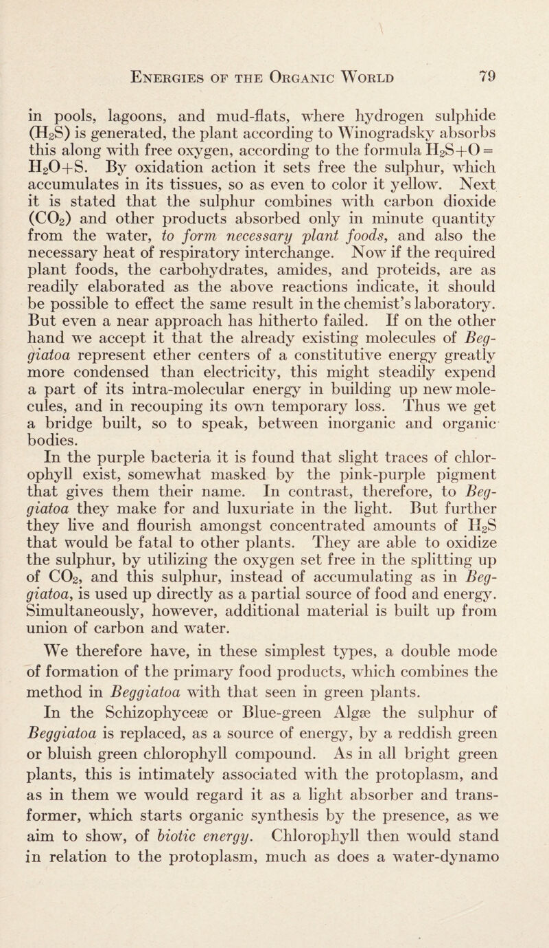 in pools, lagoons, and mud-flats, where hydrogen sulphide (H2S) is generated, the plant according to Winogradsky absorbs this along with free oxygen, according to the formula H2S+0 = H20-fS. By oxidation action it sets free the sulphur, which accumulates in its tissues, so as even to color it yellow. Next it is stated that the sulphur combines with carbon dioxide (C02) and other products absorbed only in minute quantity from the water, to form necessary plant foods, and also the necessary heat of respiratory interchange. Now if the required plant foods, the carbohydrates, amides, and proteids, are as readily elaborated as the above reactions indicate, it should be possible to effect the same result in the chemist’s laboratory. But even a near approach has hitherto failed. If on the other hand we accept it that the already existing molecules of Beg- giatoa represent ether centers of a constitutive energy greatly more condensed than electricity, this might steadily expend a part of its intra-molecular energy in building up new mole¬ cules, and in recouping its own temporary loss. Thus we get a bridge built, so to speak, between inorganic and organic bodies. In the purple bacteria it is found that slight traces of chlor¬ ophyll exist, somewhat masked by the pink-purple pigment that gives them their name. In contrast, therefore, to Beg- giatoa they make for and luxuriate in the light. But further they live and flourish amongst concentrated amounts of II2S that would be fatal to other plants. They are able to oxidize the sulphur, by utilizing the oxygen set free in the splitting up of C02, and this sulphur, instead of accumulating as in Beg- giatoa, is used up directly as a partial source of food and energy. Simultaneously, however, additional material is built up from union of carbon and water. We therefore have, in these simplest types, a double mode of formation of the primary food products, which combines the method in Beg giatoa with that seen in green plants. In the Schizophyceie or Blue-green Algae the sulphur of Beg giatoa is replaced, as a source of energy, by a reddish green or bluish green chlorophyll compound. As in all bright green plants, this is intimately associated with the protoplasm, and as in them we would regard it as a light absorber and trans¬ former, which starts organic synthesis by the presence, as we aim to show, of biotic energy. Chlorophyll then would stand in relation to the protoplasm, much as does a water-dynamo