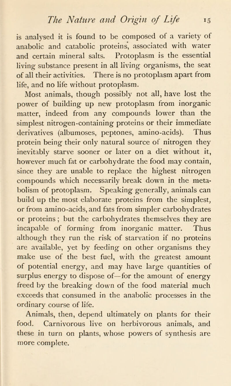 is analysed it is found to be composed of a variety of anabolic and catabolic proteins, associated with water and certain mineral salts. Protoplasm is the essential living substance present in all living organisms, the seat of all their activities. There is no protoplasm apart from life, and no life without protoplasm. Most animals, though possibly not all, have lost the power of building up new protoplasm from inorganic matter, indeed from any compounds lower than the simplest nitrogen-containing proteins or their immediate derivatives (albumoses, peptones, amino-acids). Thus protein being their only natural source of nitrogen they inevitably starve sooner or later on a diet without it, however much fat or carbohydrate the food may contain, since they are unable to replace the highest nitrogen compounds which necessarily break down in the meta¬ bolism of protoplasm. Speaking generally, animals can build up the most elaborate proteins from the simplest, or from amino-acids, and fats from simpler carbohydrates or proteins ; but the carbohydrates themselves they are incapable of forming from inorganic matter. Thus although they run the risk of starvation if no proteins are available, yet by feeding on other organisms they make use of the best fuel, with the greatest amount of potential energy, and may have large quantities of surplus energy to dispose of—for the amount of energy freed by the breaking down of the food material much exceeds that consumed in the anabolic processes in the ordinary course of life. Animals, then, depend ultimately on plants for their food. Carnivorous live on herbivorous animals, and these in turn on plants, whose powers of synthesis are more complete.