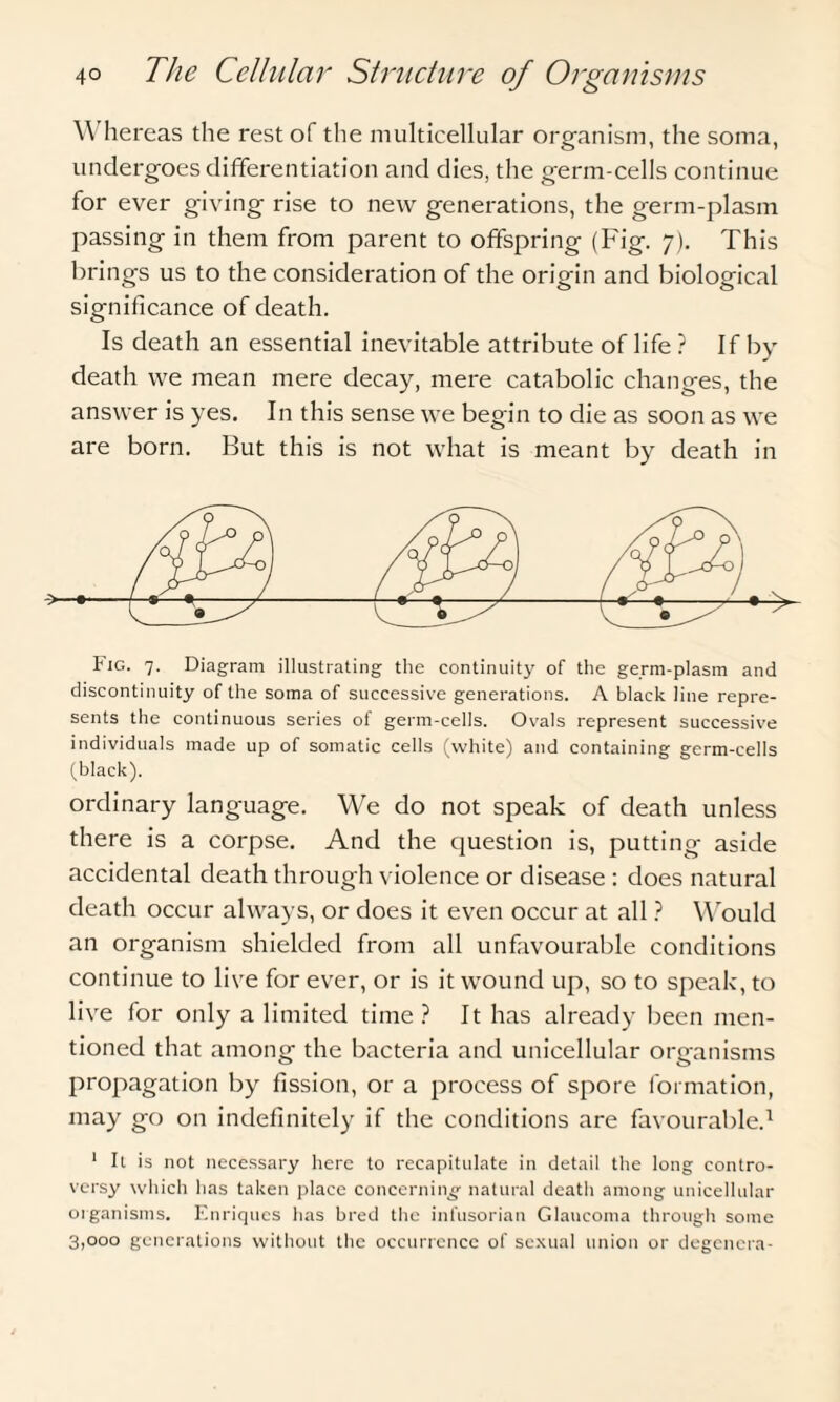 \\ hereas the rest of the multicellular organism, the soma, undergoes differentiation and dies, the germ-cells continue for ever giving rise to new generations, the germ-plasm passing in them from parent to offspring (Fig. 7). This brings us to the consideration of the origin and biological significance of death. Is death an essential inevitable attribute of life ? If by- death we mean mere decay, mere catabolic changes, the answer is yes. In this sense we begin to die as soon as we are born. But this is not what is meant by death in Fig. 7. Diagram illustrating the continuity of the germ-plasm and discontinuity of the soma of successive generations. A black line repre¬ sents the continuous series of germ-cells. Ovals represent successive individuals made up of somatic cells (white) and containing germ-cells (black). ordinary language. We do not speak of death unless there is a corpse. And the question is, putting aside accidental death through violence or disease : does natural death occur always, or does it even occur at all ? Would an organism shielded from all unfavourable conditions continue to live for ever, or is it wound up, so to speak, to live for only a limited time ? It has already been men¬ tioned that among the bacteria and unicellular organisms propagation by fission, or a process of spore formation, may go on indefinitely if the conditions are favourable.1 1 It is not necessary here to recapitulate in detail the long contro¬ versy which has taken place concerning natural death among unicellular organisms. Enriques has bred the infusorian Glaucoma through some 3,000 generations without the occurrence of sexual union or degenera-